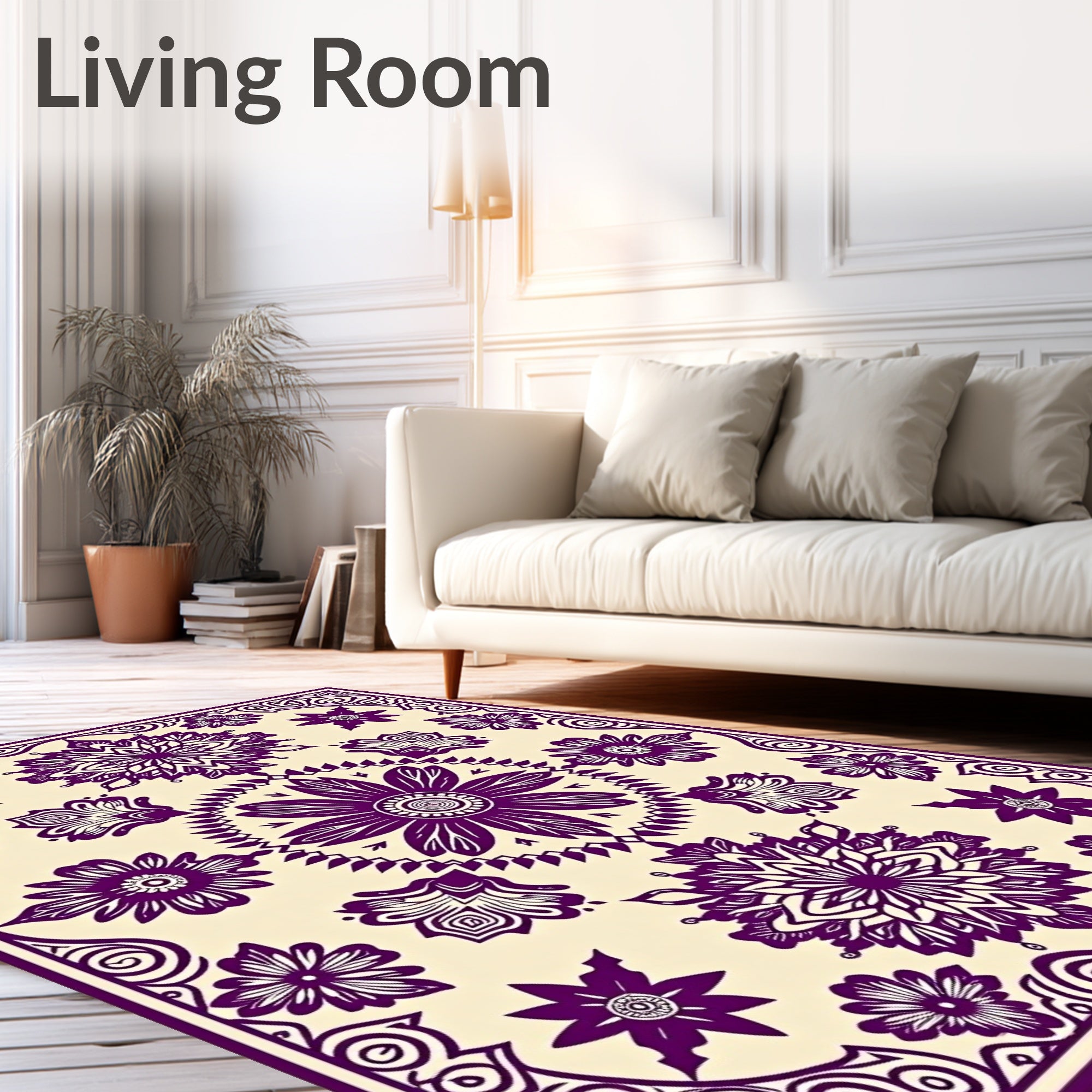 Floral Mandala Patterned Cream Rug