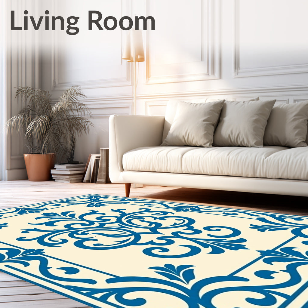 Classic Blue Floral Scroll Border Rug