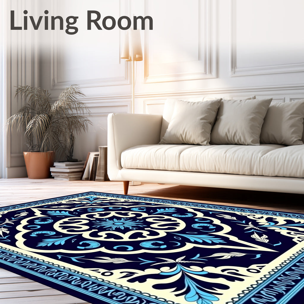 Navy Blue Traditional Floral Pattern Rug