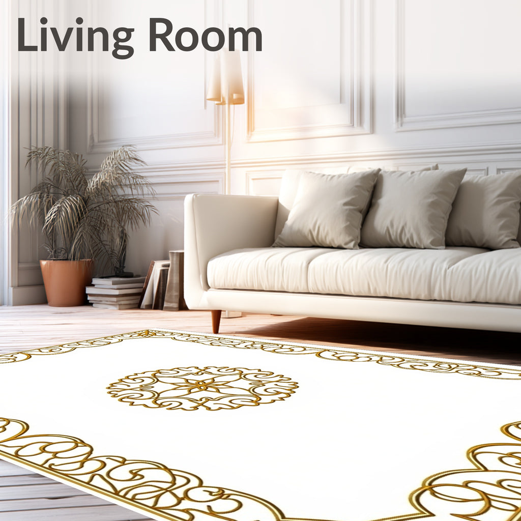 Ornate Gold Scrollwork Medallion Frame Rug