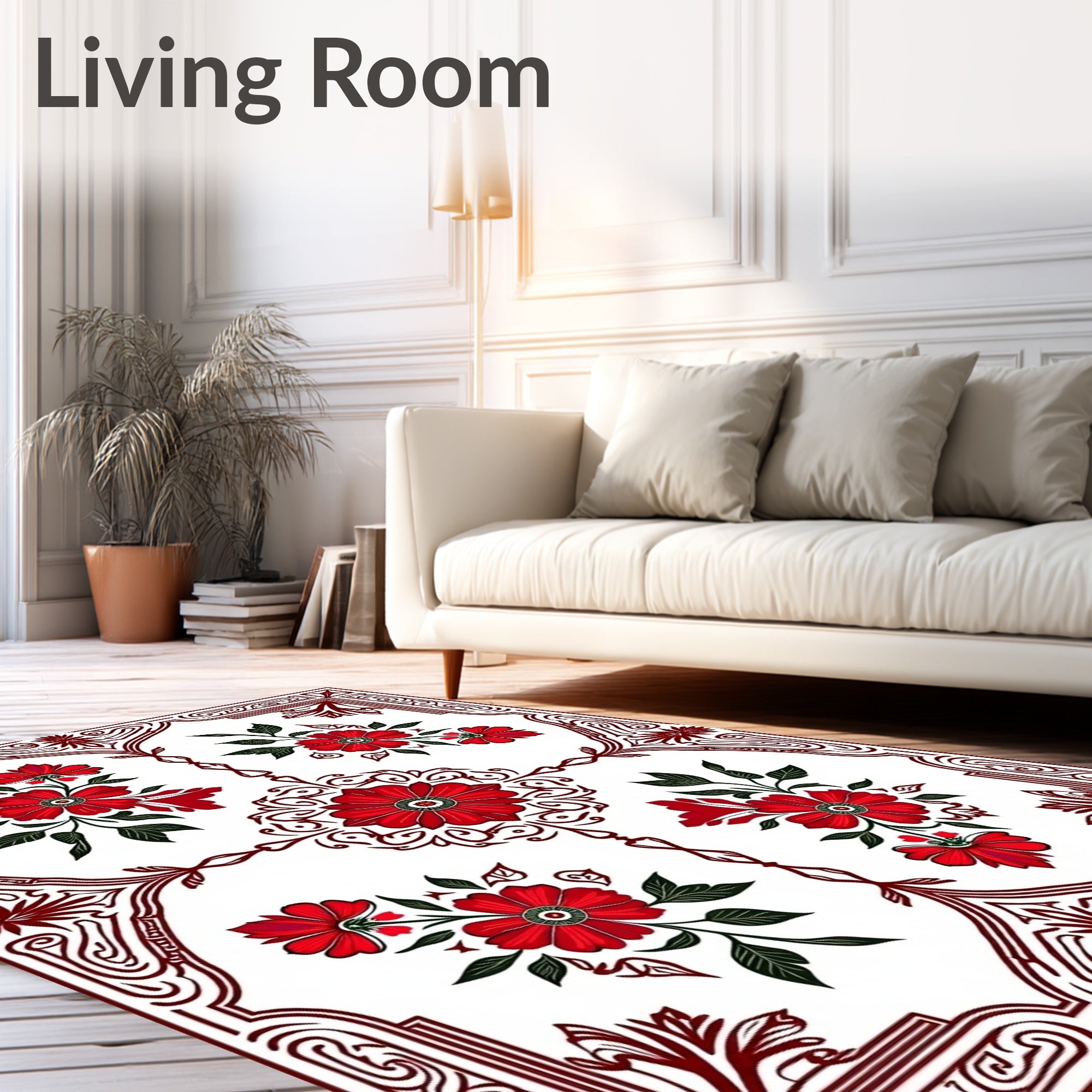 Red Floral Pattern On White Background Rug