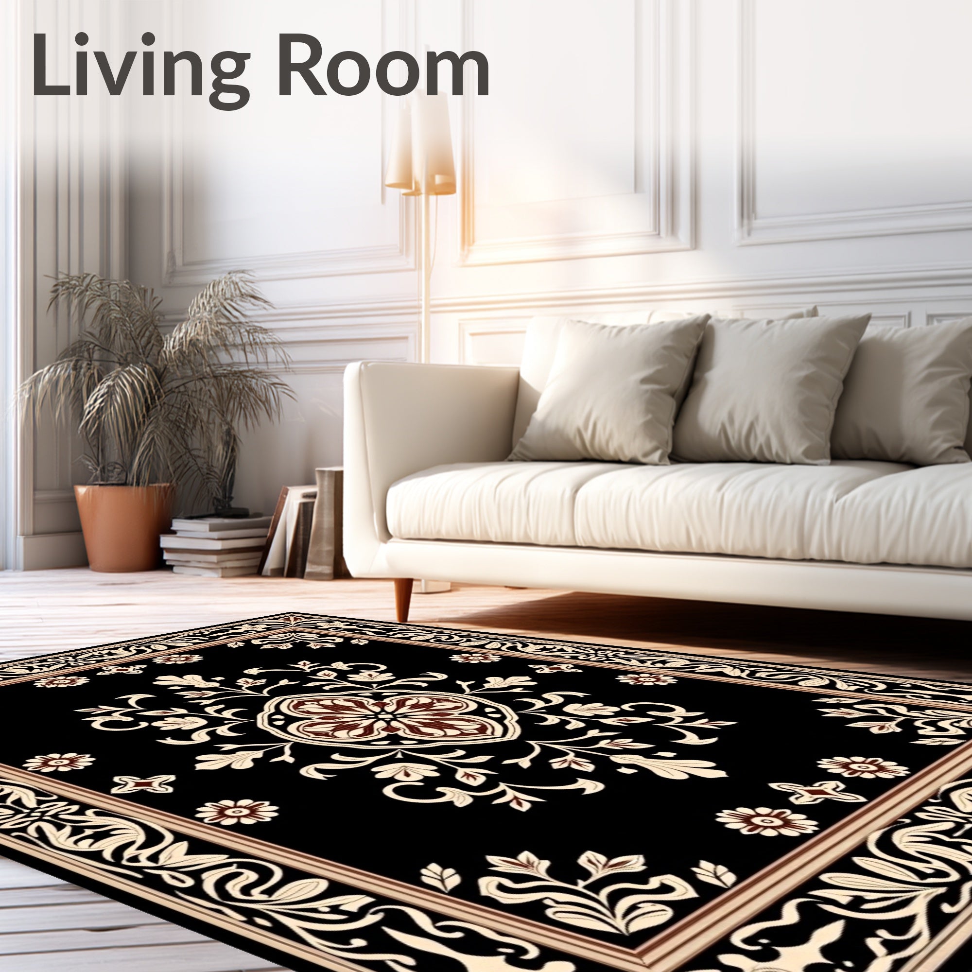 Elegant Black Floral Medallion Pattern Rug