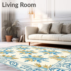 Elegant Blue Gold Floral Medallion Pattern Rug