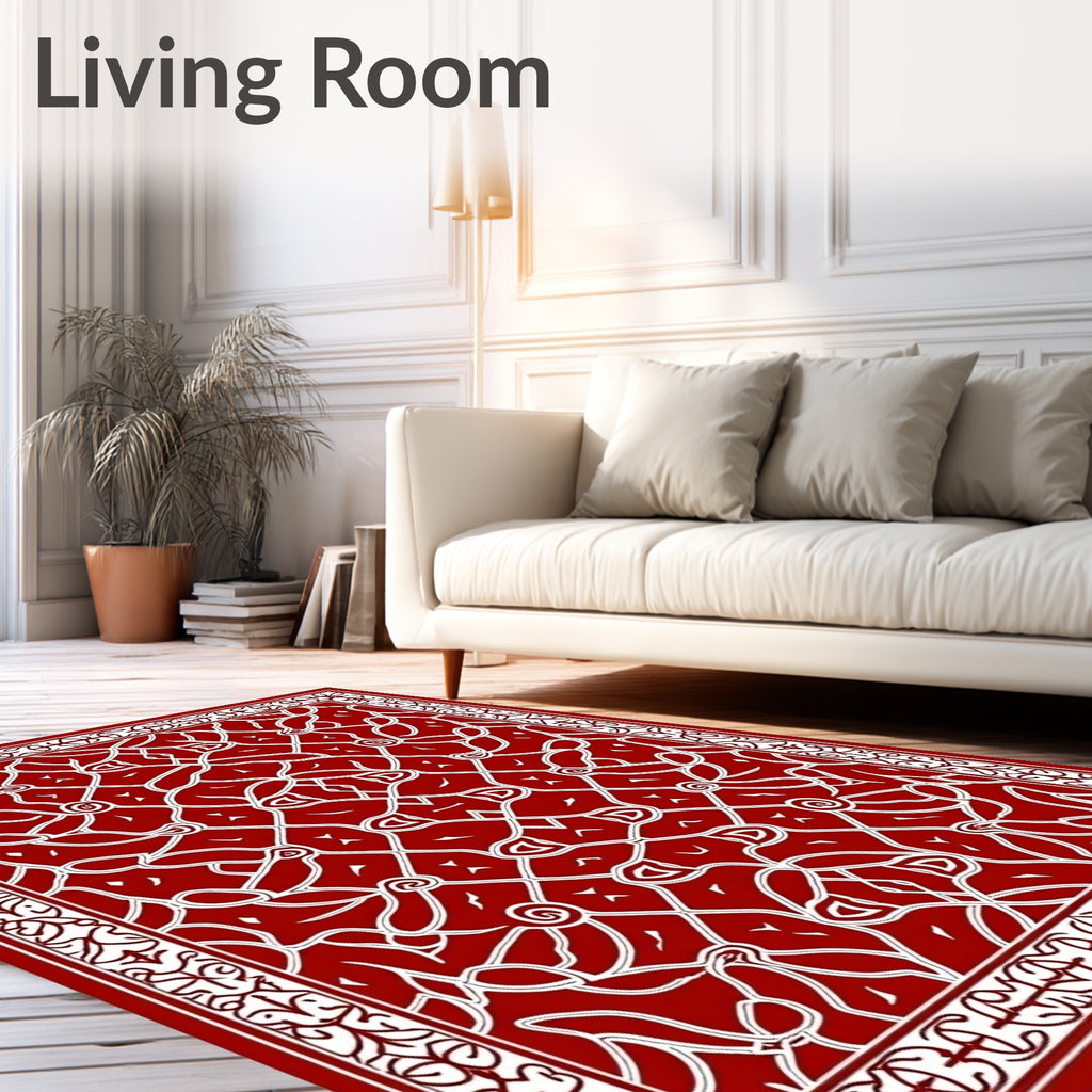 Crimson White Intricate Floral Scroll Design Rug