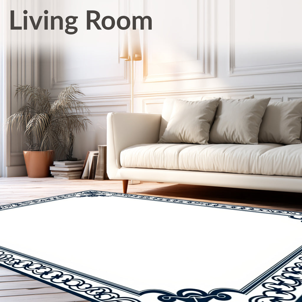 Dark Blue Floral Scroll Border Design Rug