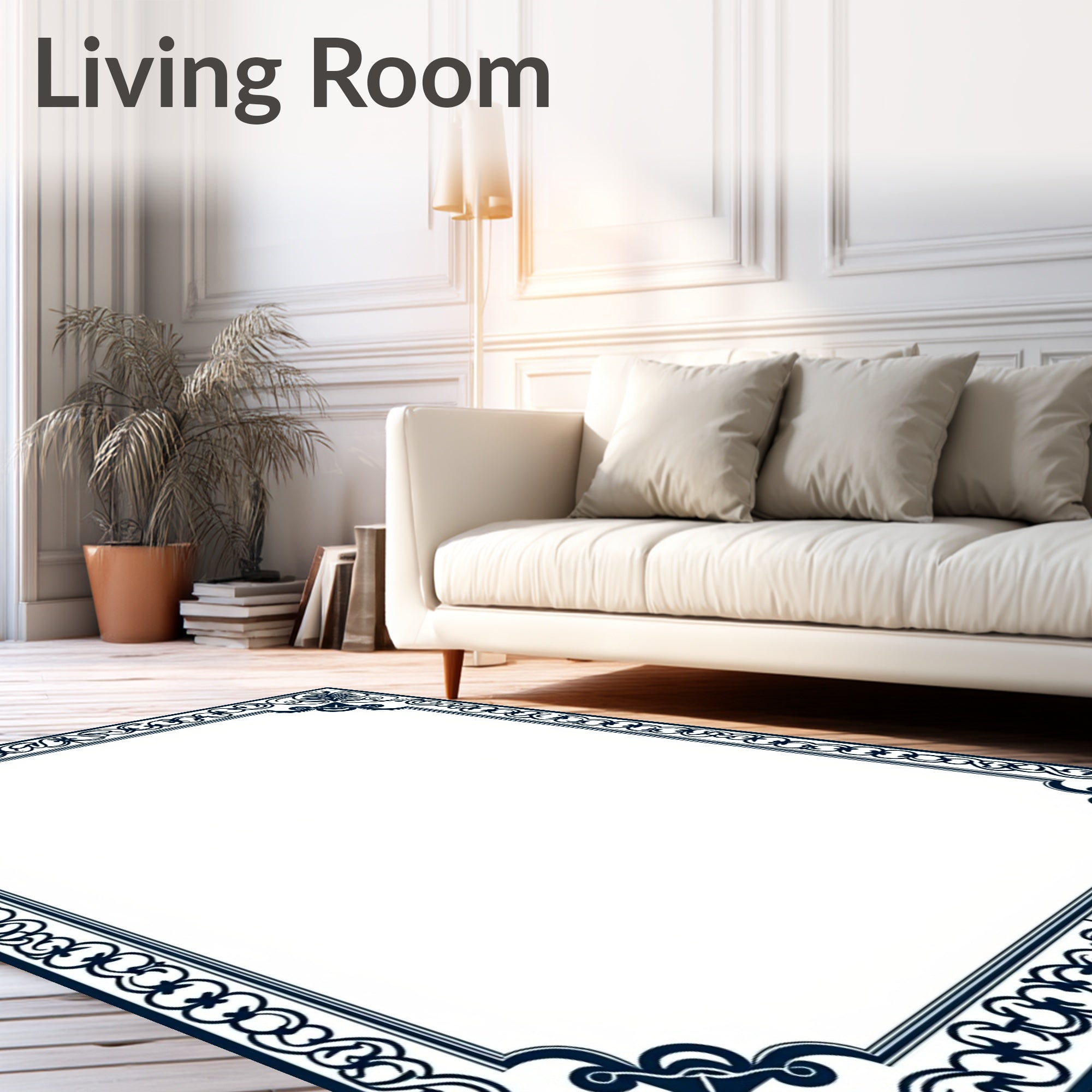 Dark Blue Floral Scroll Border Design Rug
