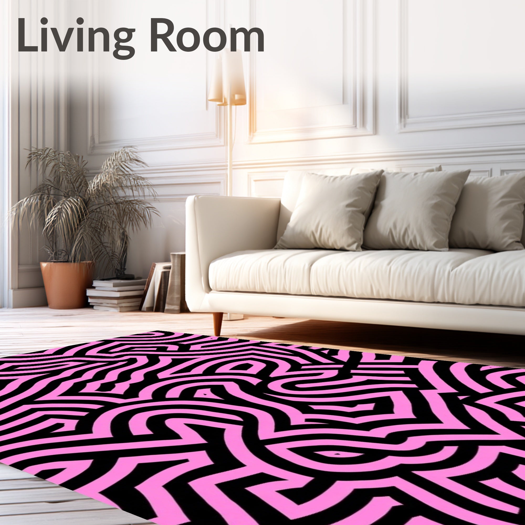 Pink Black Abstract Maze Pattern Rug