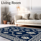 Traditional damask patterned navy Rug
