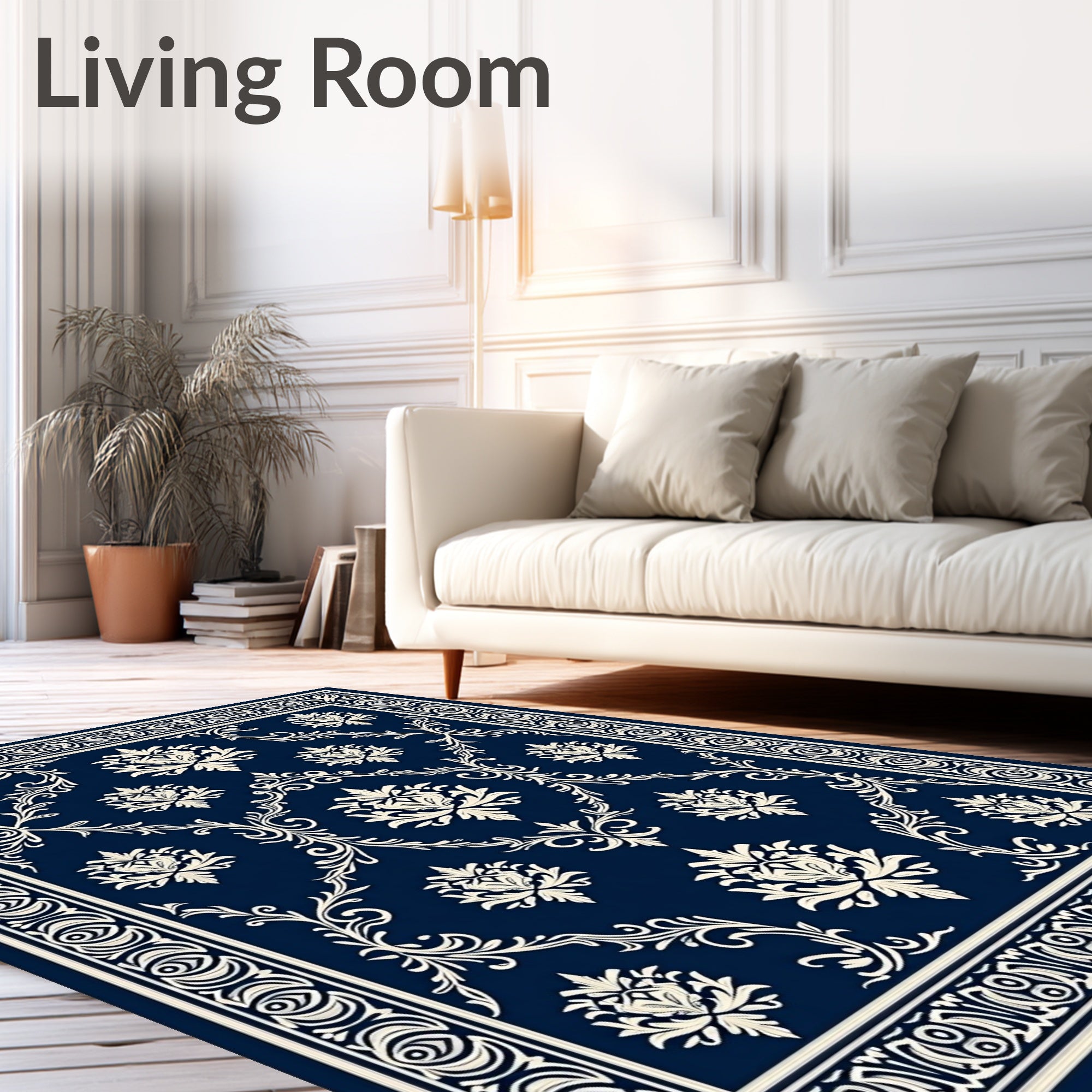 Traditional damask patterned navy Rug