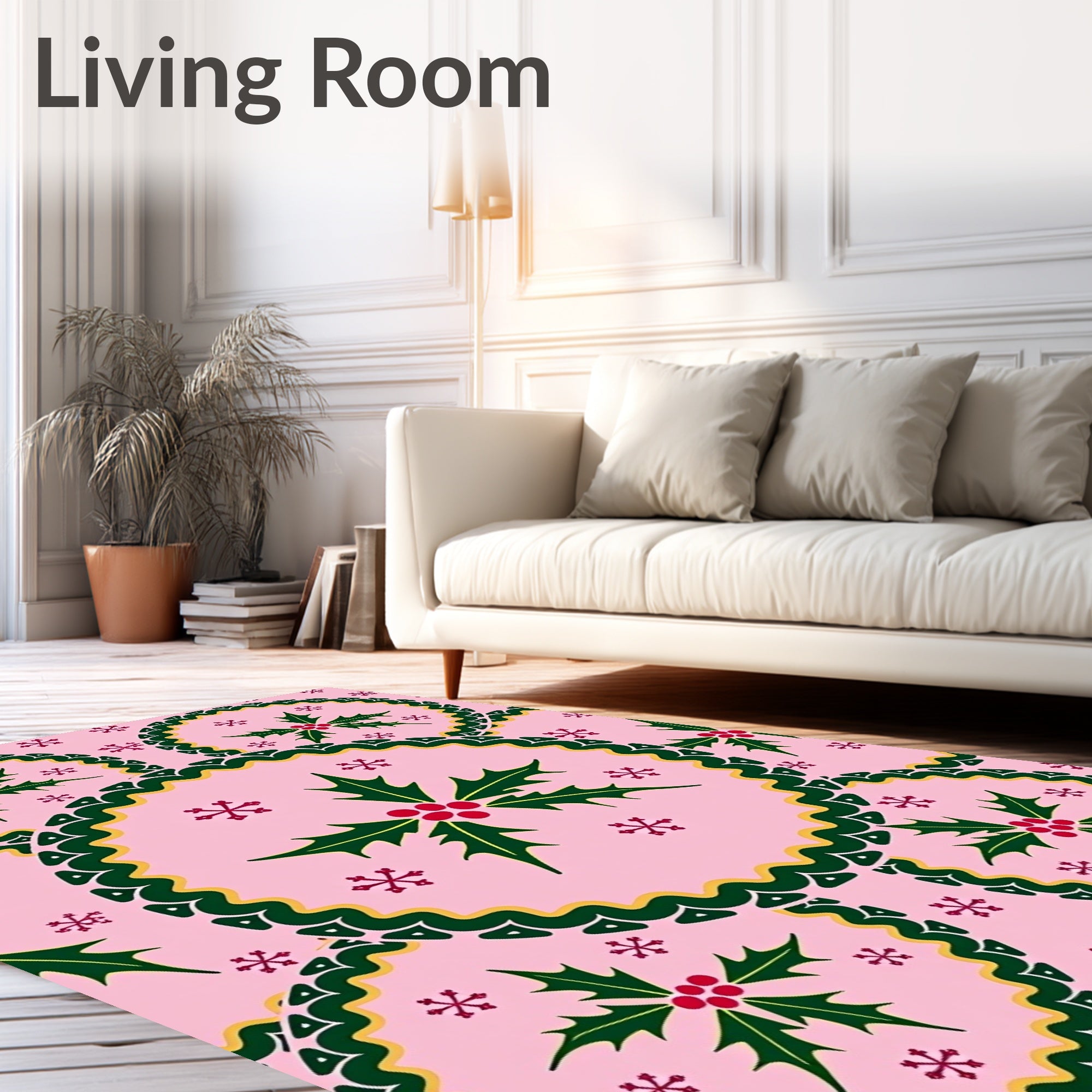 Pink Christmas Holly Snowflake Medallions Rug