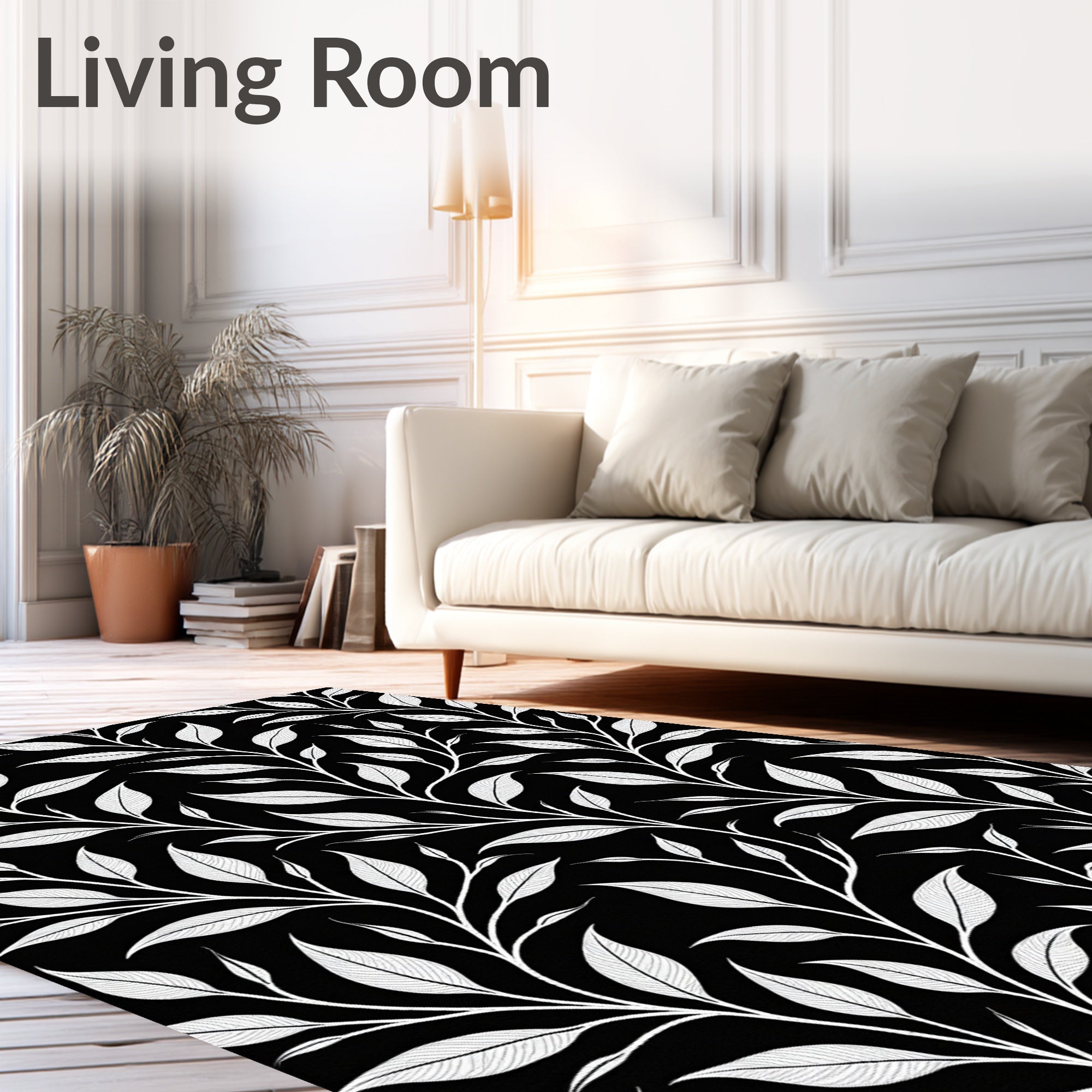 Black White Leafy Vine Pattern Rug