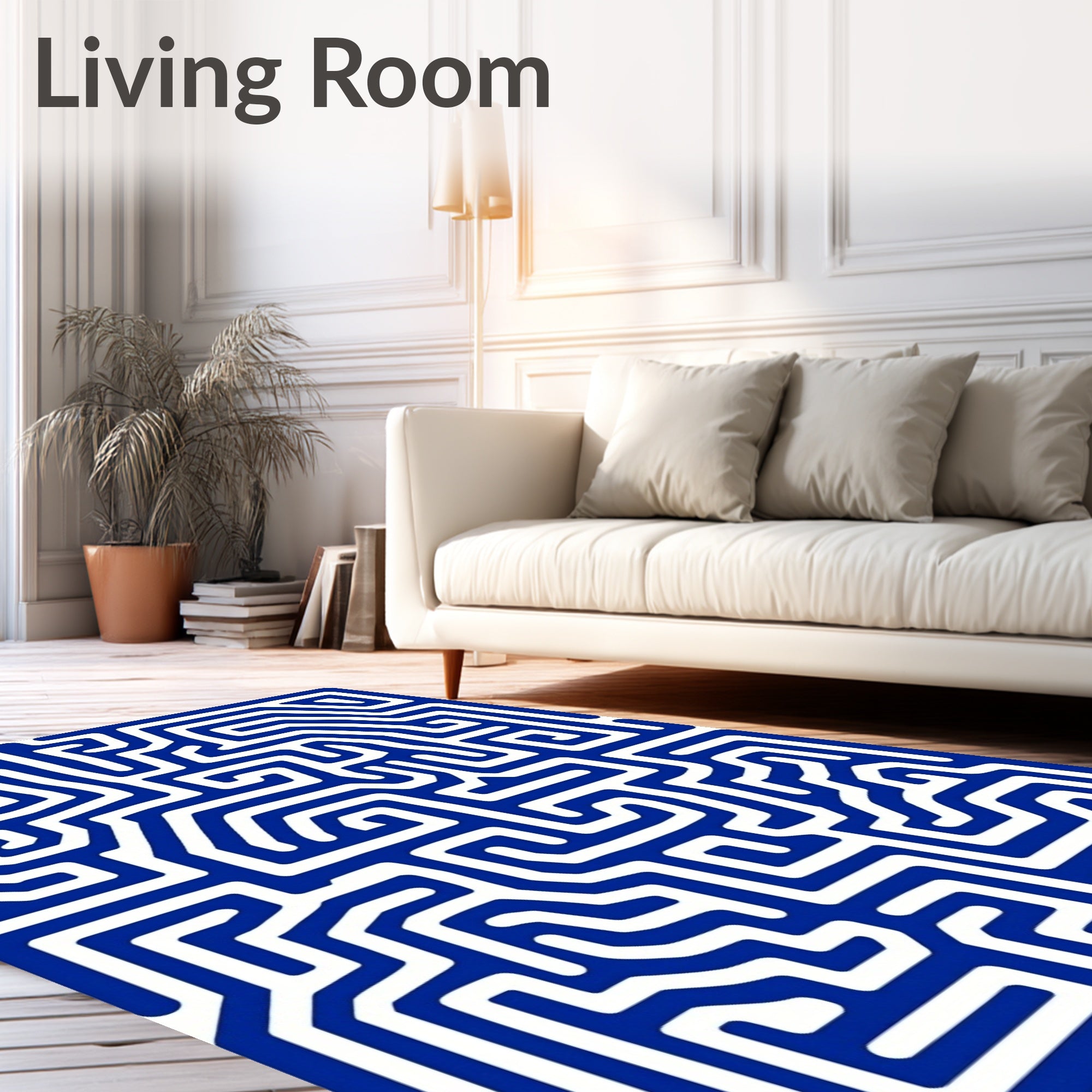 Bold Blue White Maze Pattern Rug