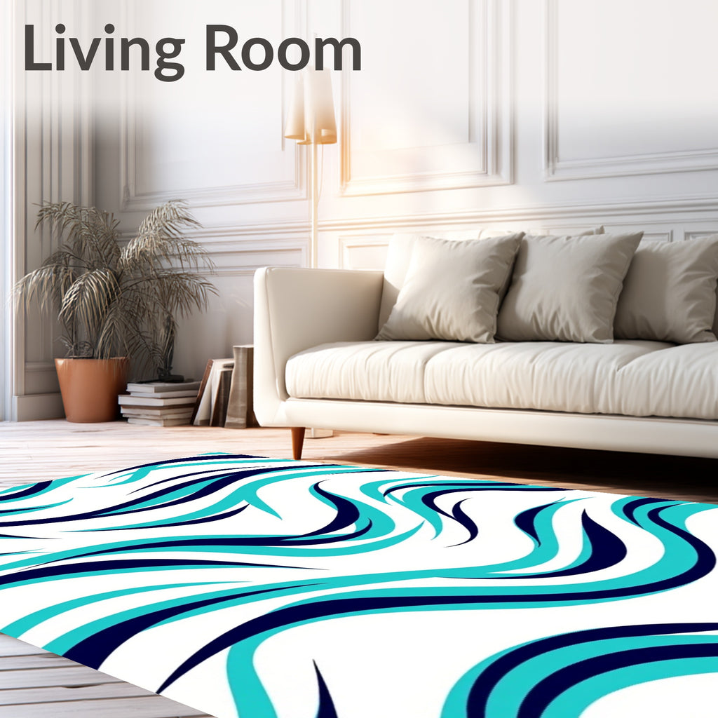 Aqua and Navy Swirling Waves Rug