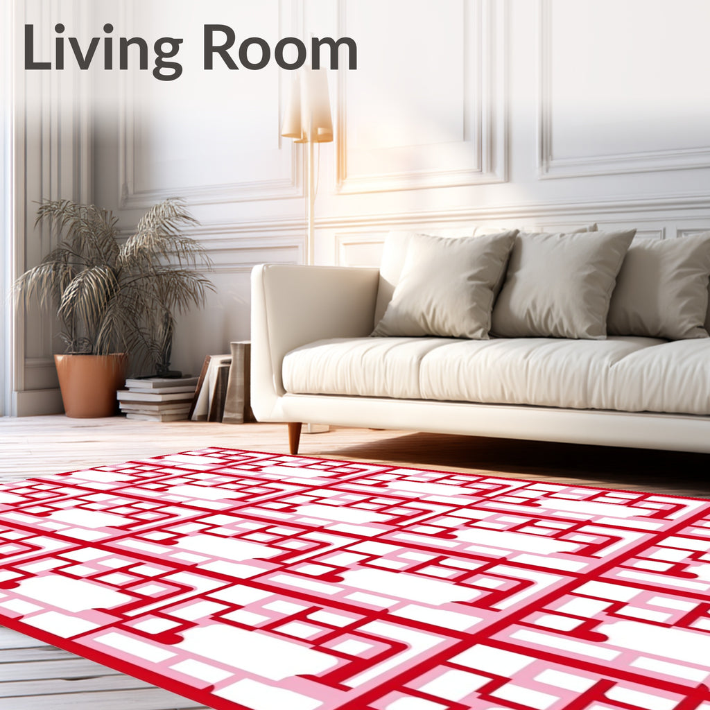 Geometric Red White Lattice Pattern Rug