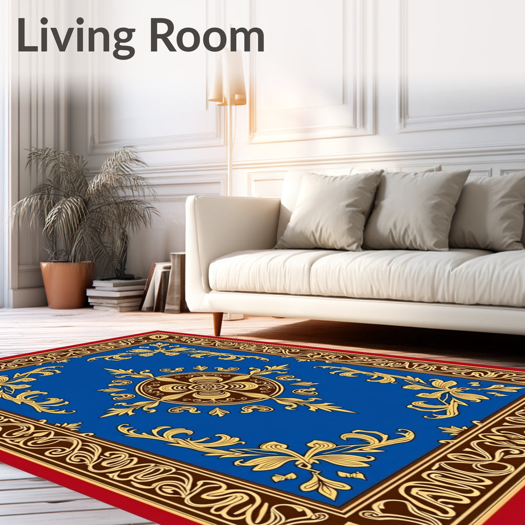 Ornate Blue Gold Floral Border Rug