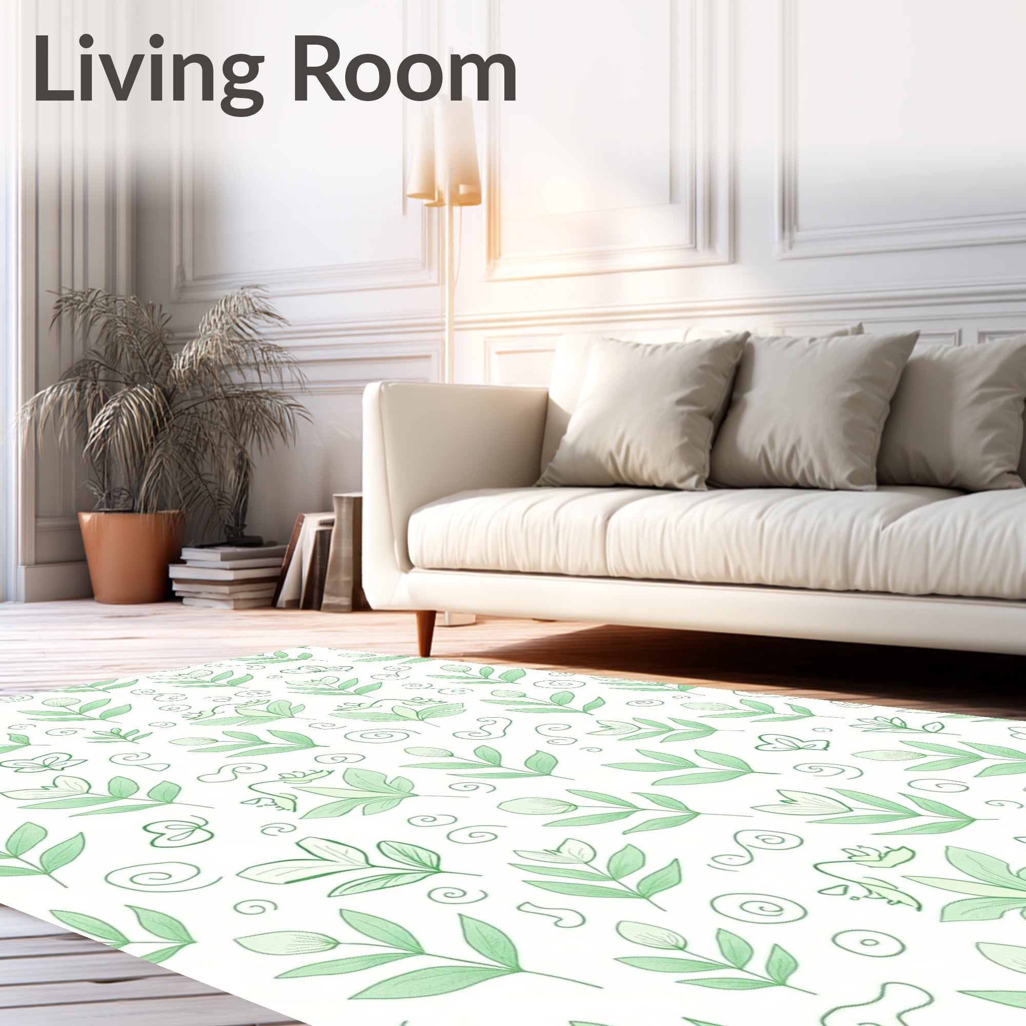 Delicate Green Leaf Swirl Pattern Rug