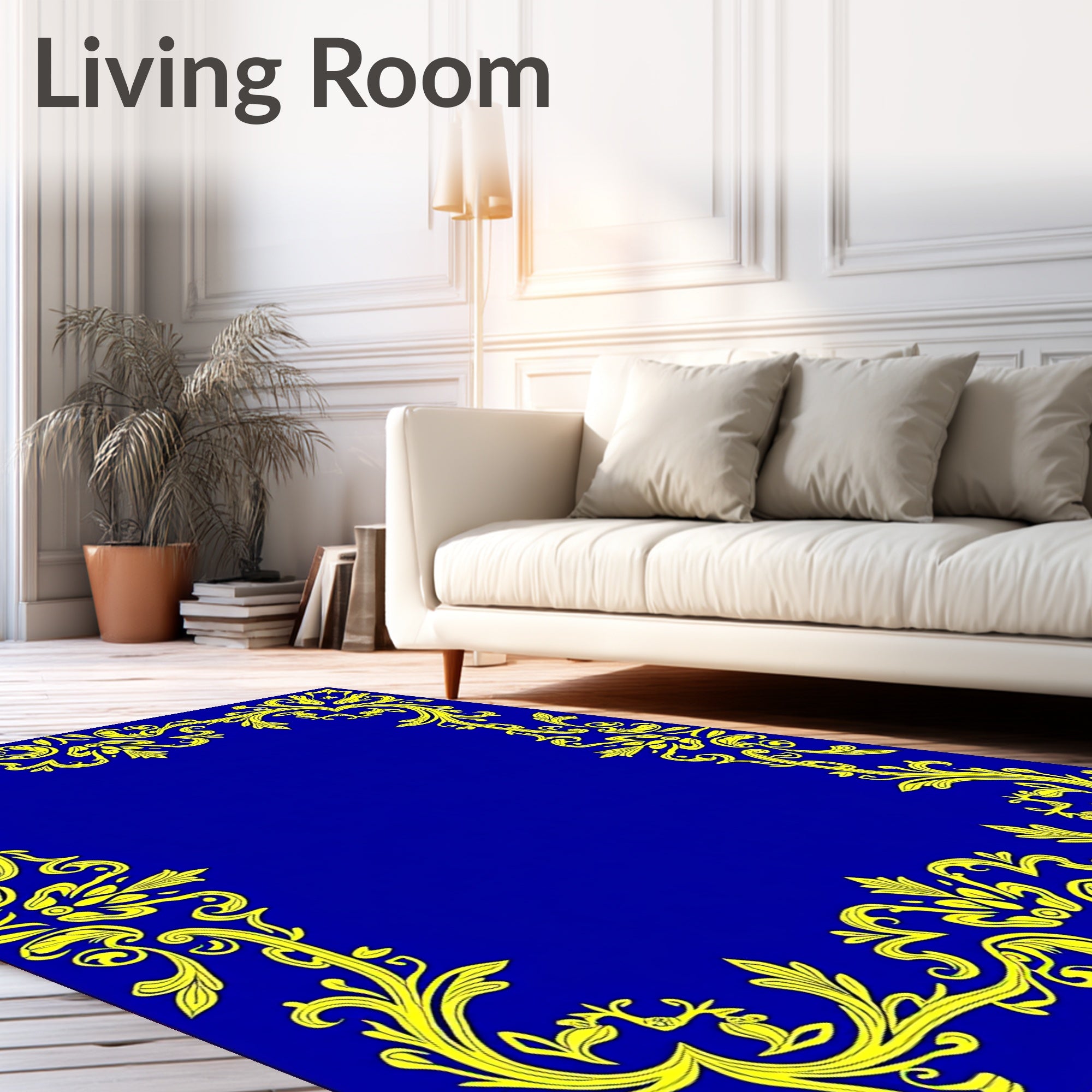 Ornate Yellow Floral Border Design Rug