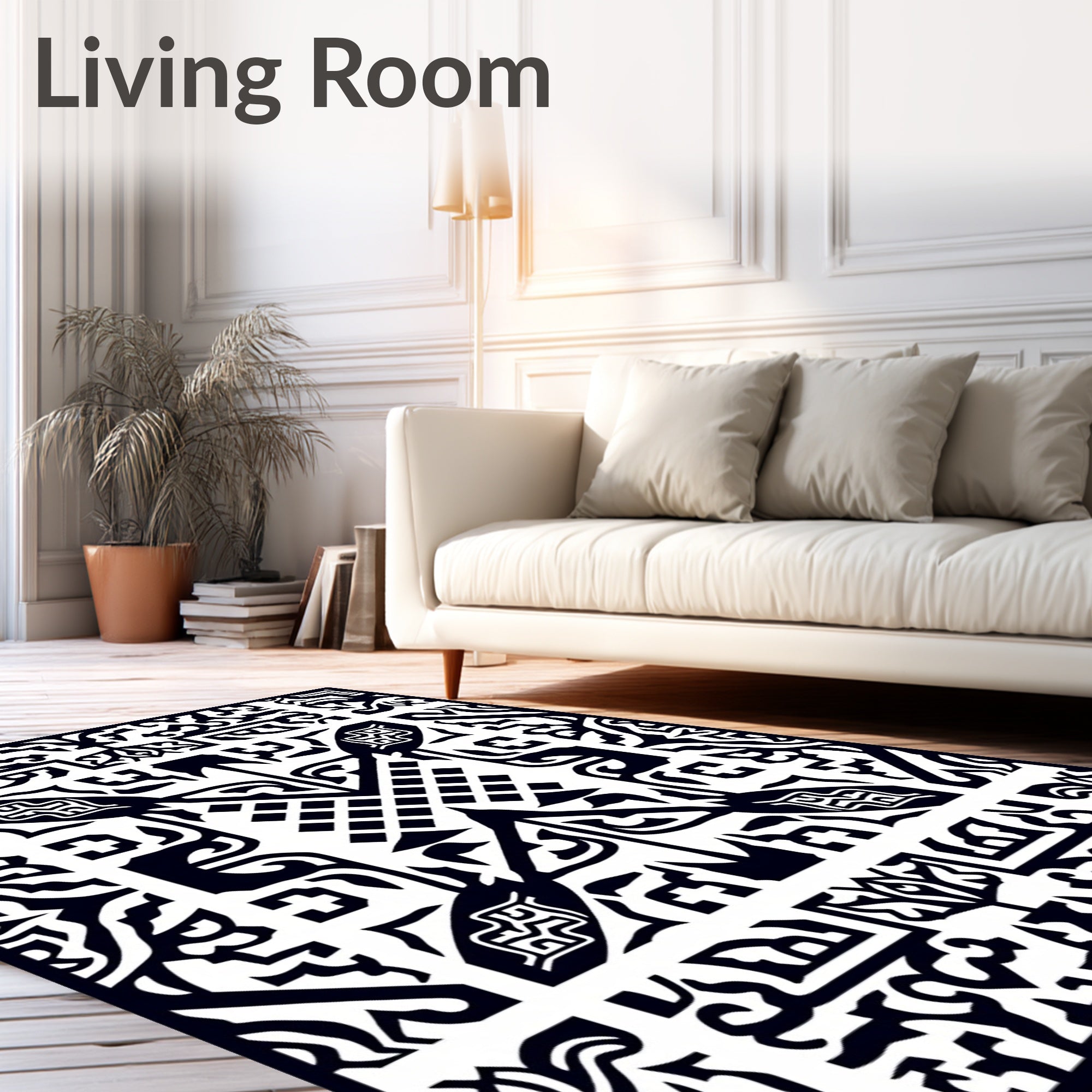 Bold Black White Geometric Motif Rug