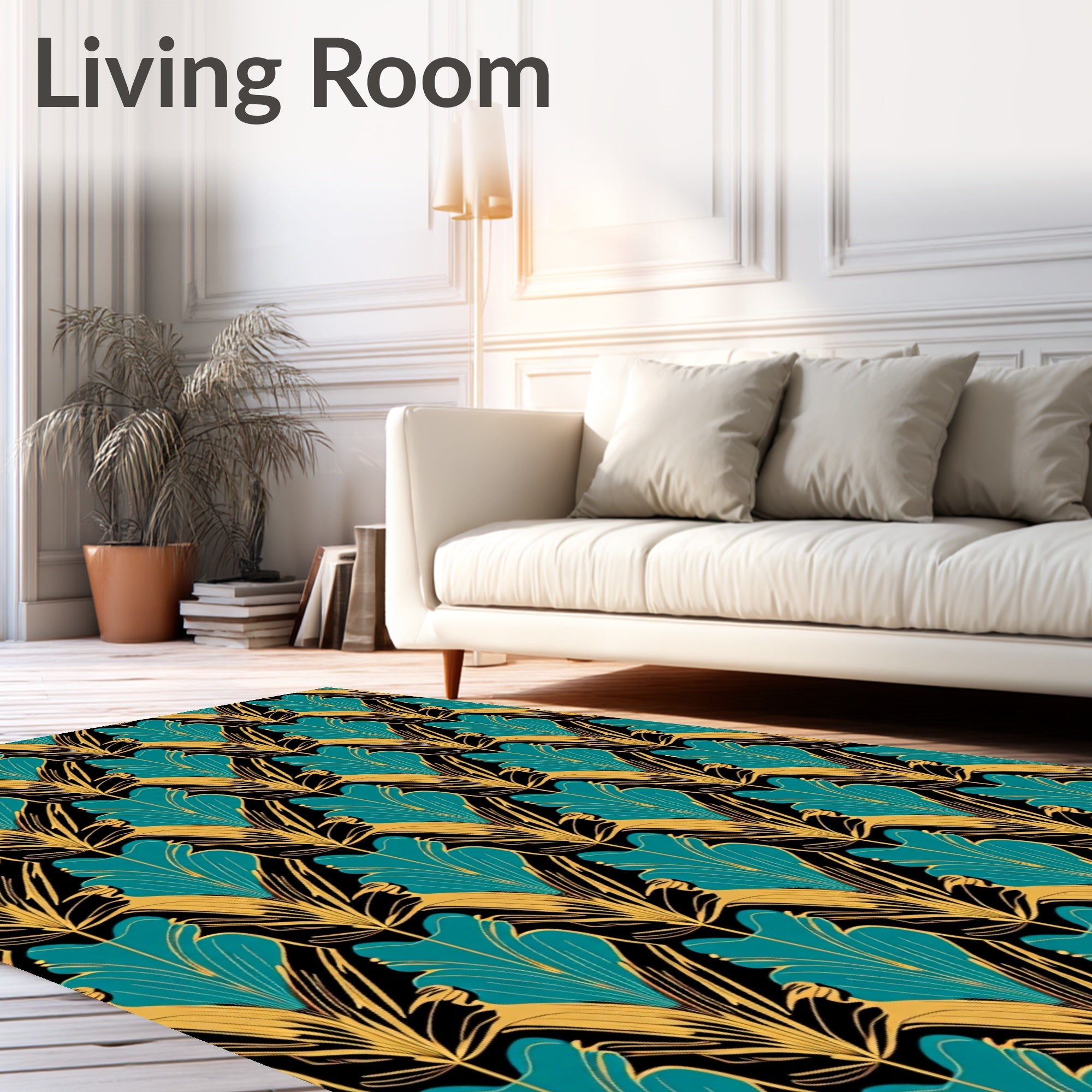 Art Deco Teal Gold Floral Pattern Rug