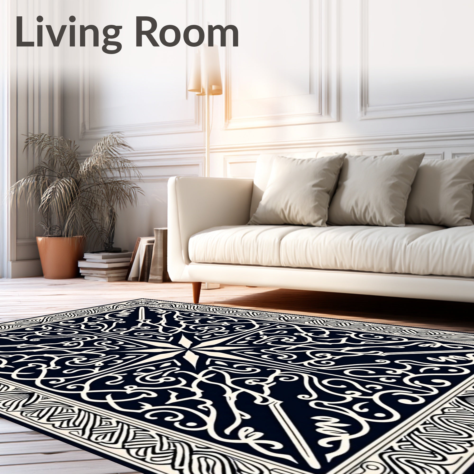 Intricate Black Ivory Ornamental Pattern Rug