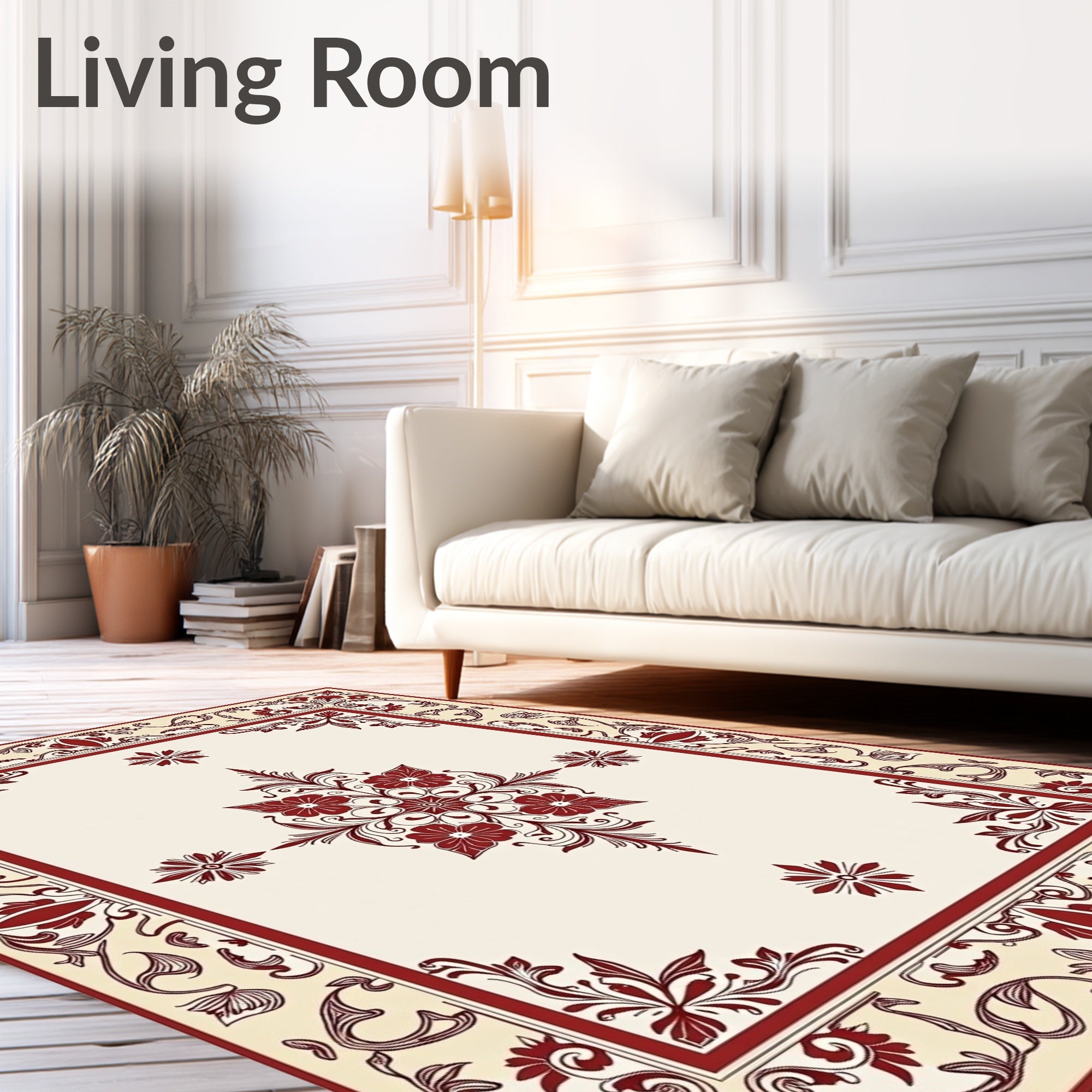 Elegant Red Cream Floral Border Rug