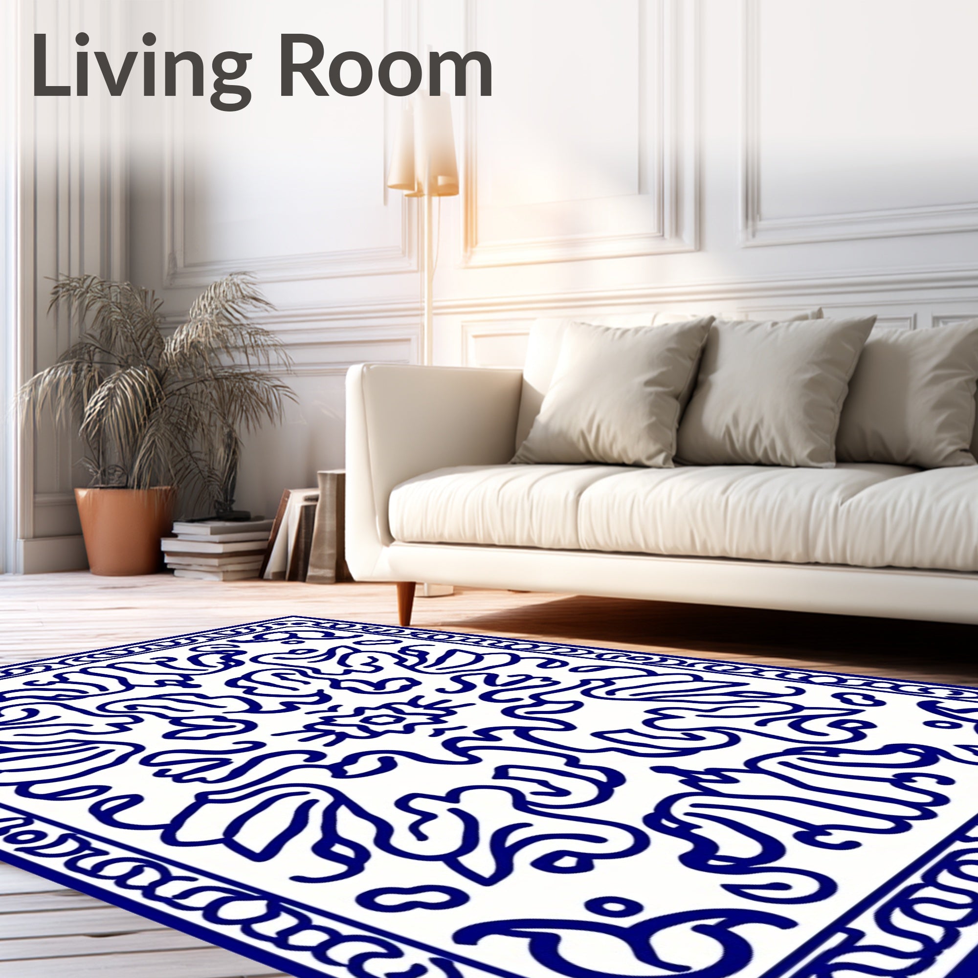 Elegant Blue White Floral Motifs Rug