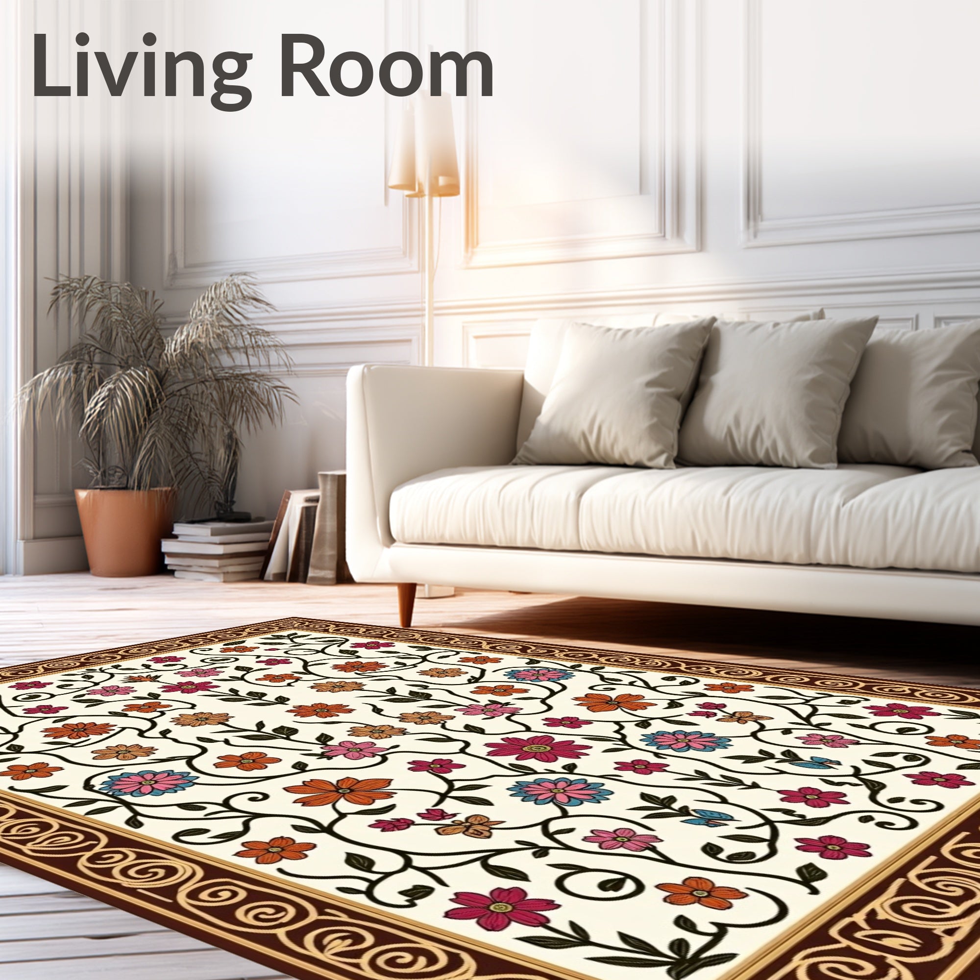 Floral Vine Pattern With Ornate Border Rug