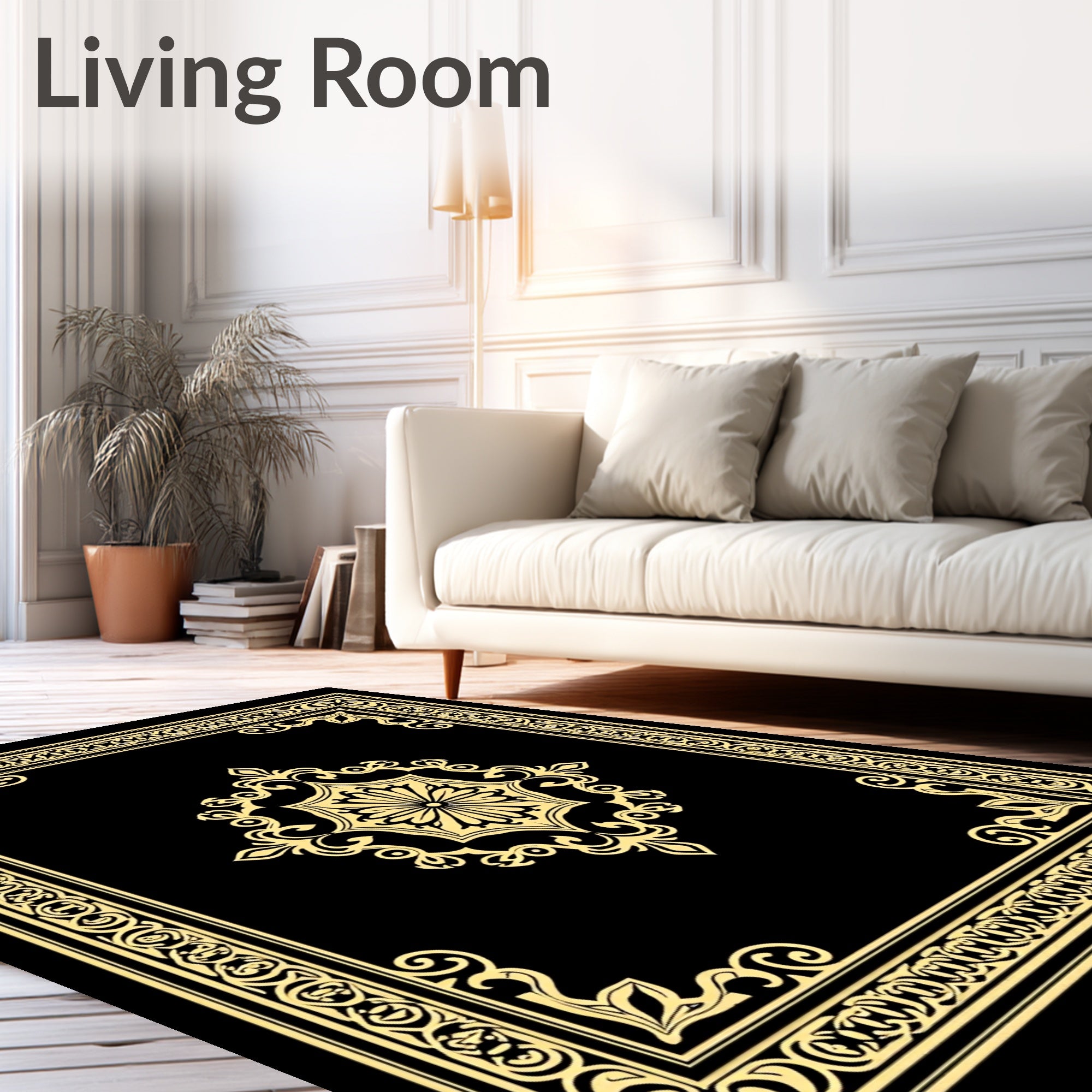 Golden Elaborate Floral Border Design Rug