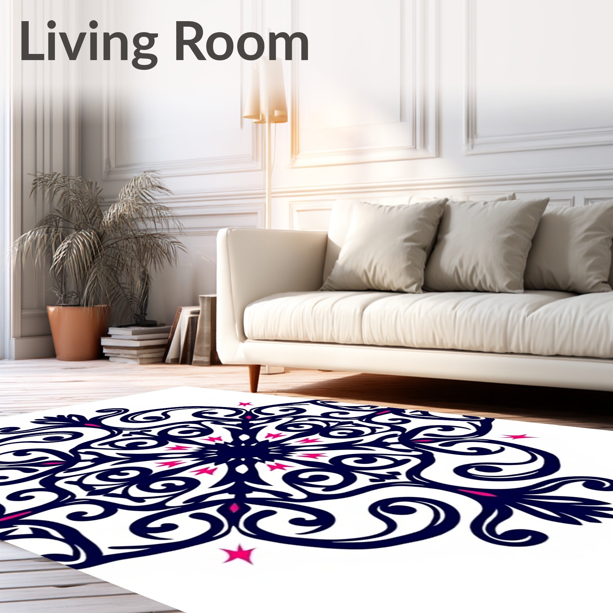 Intricate Deep Blue Floral Scrollwork Rug