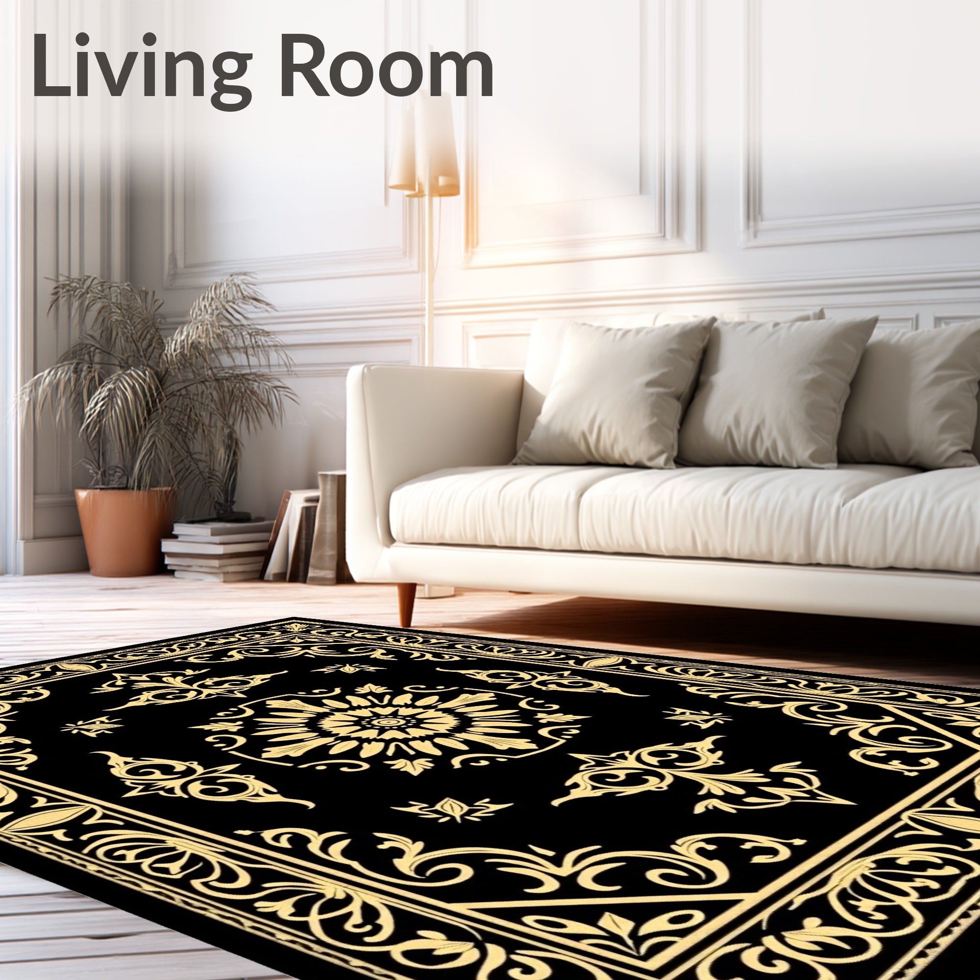 Elegant Black Gold Floral Border Rug