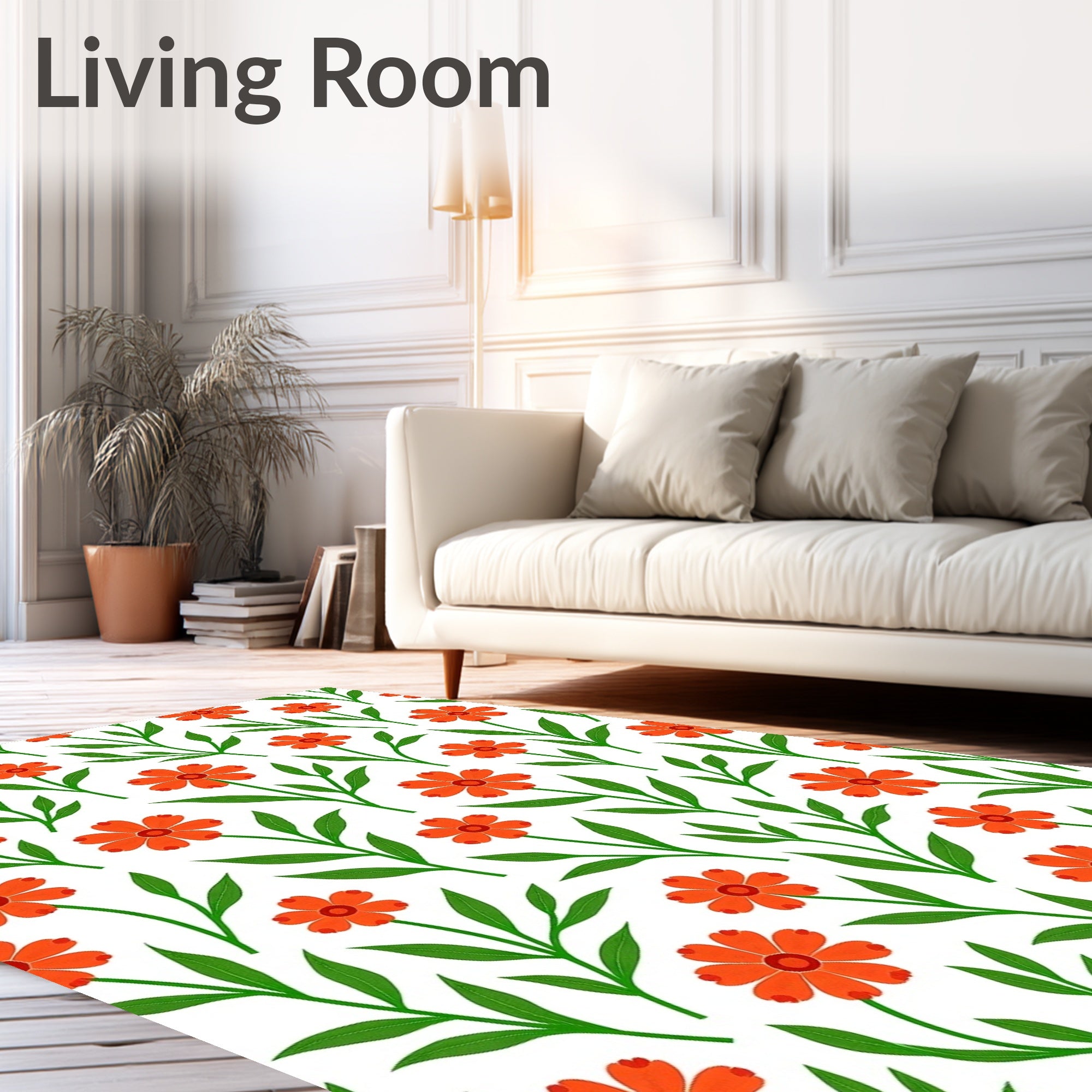 Orange Flower And Green Leaf Pattern Rug