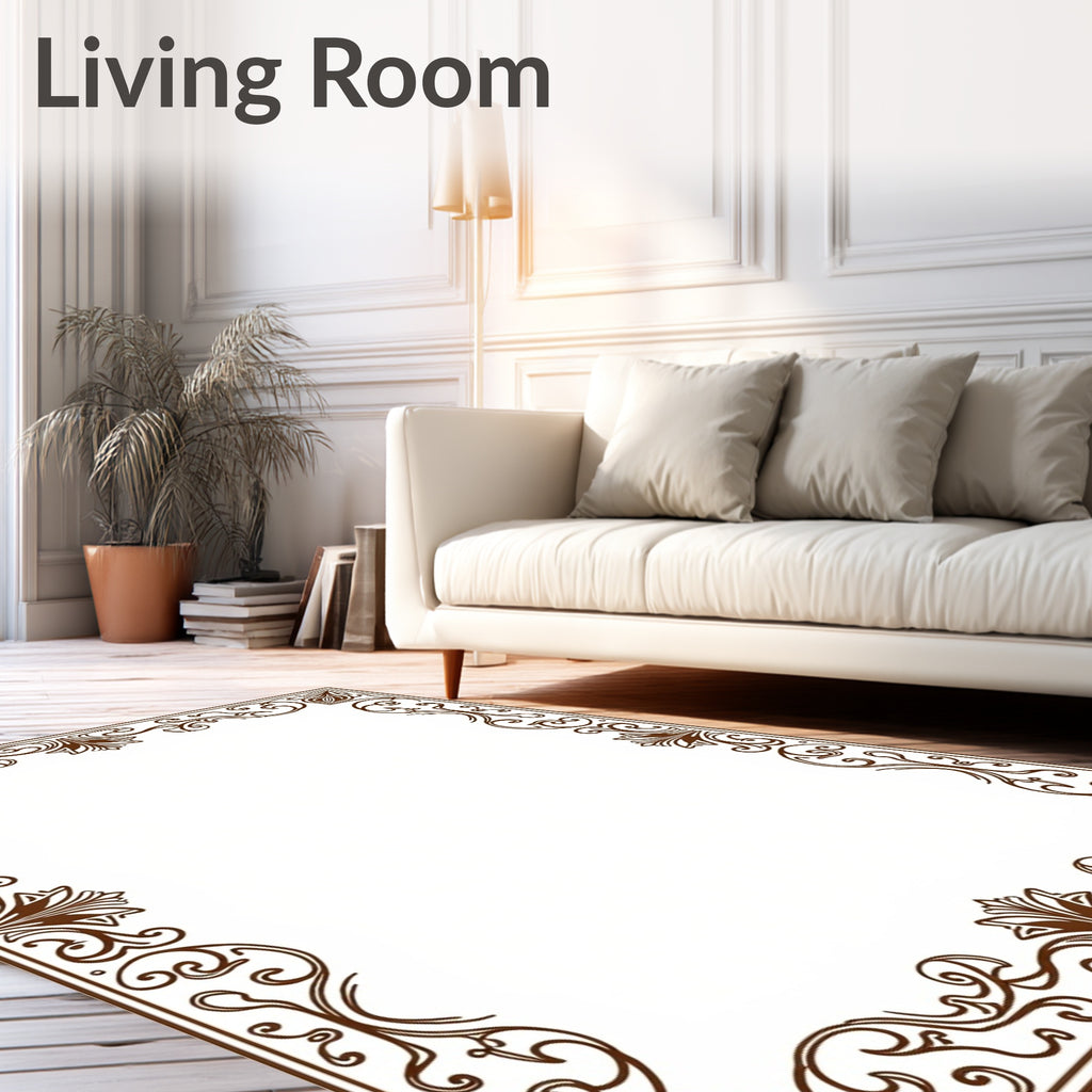 Ornate Brown Floral Scroll Border Rug