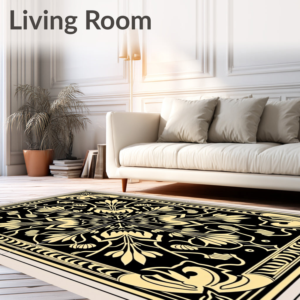 Art Nouveau Floral Black Gold Pattern Rug