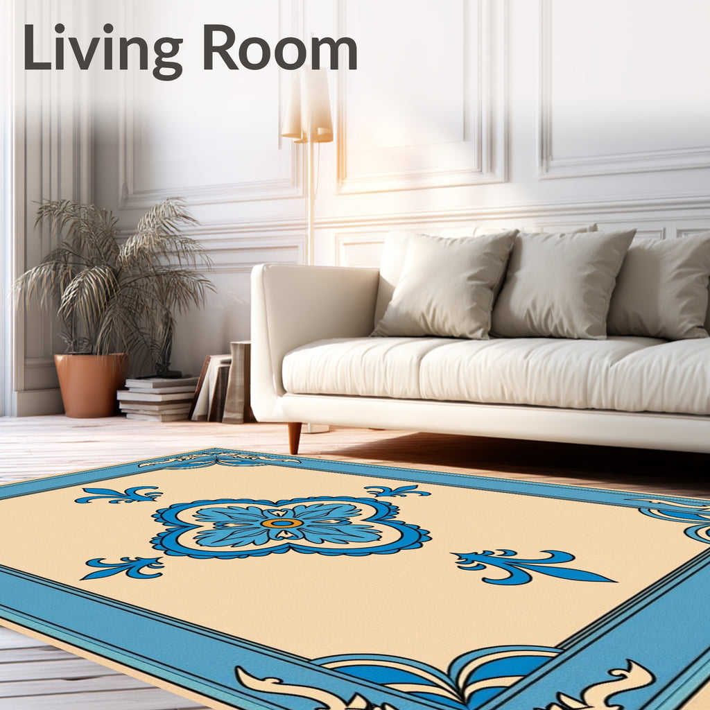 Blue Floral Medallion Border Design Rug