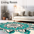 Turquoise And Black Floral Mandala Pattern Rug