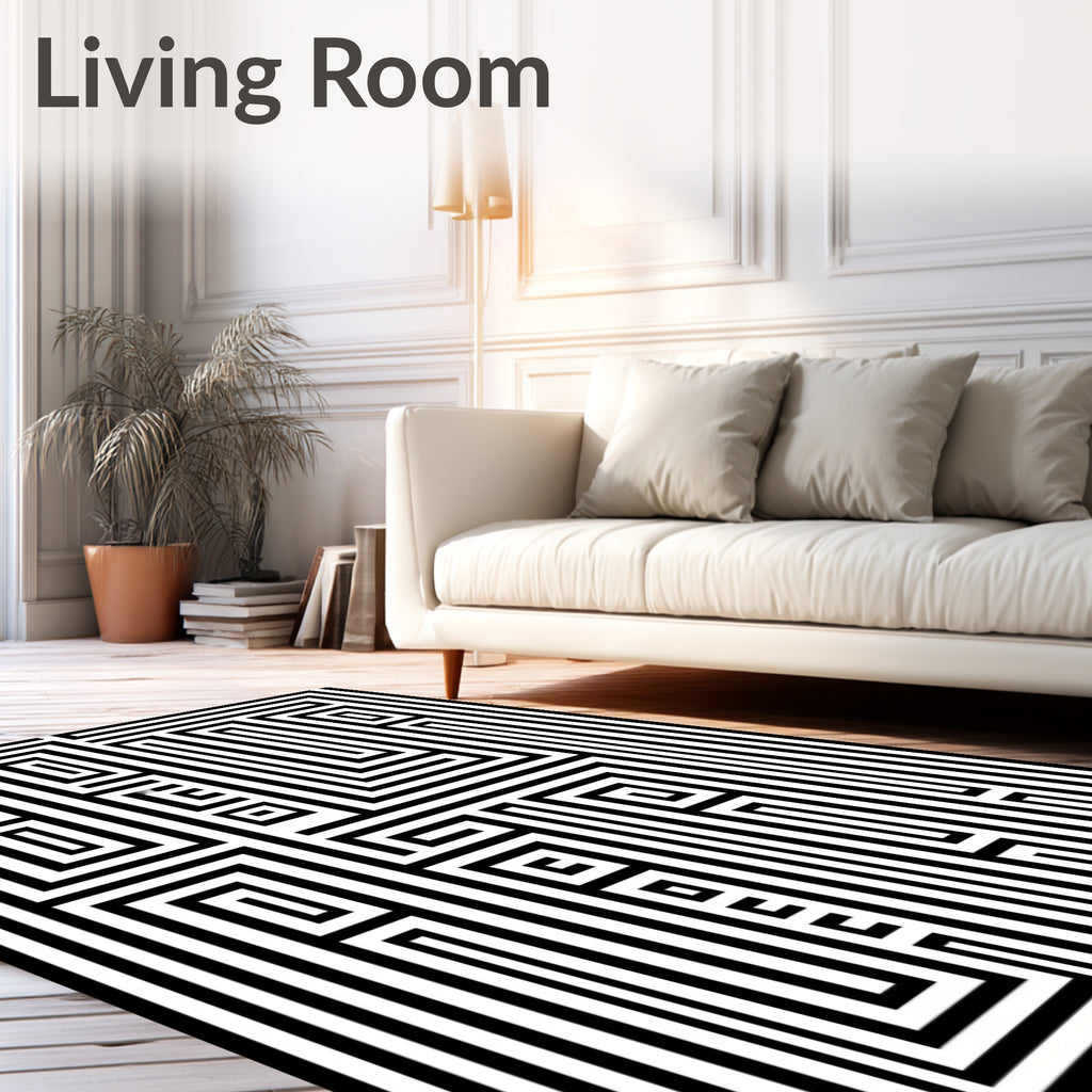 Black White Geometric Maze Pattern Rug