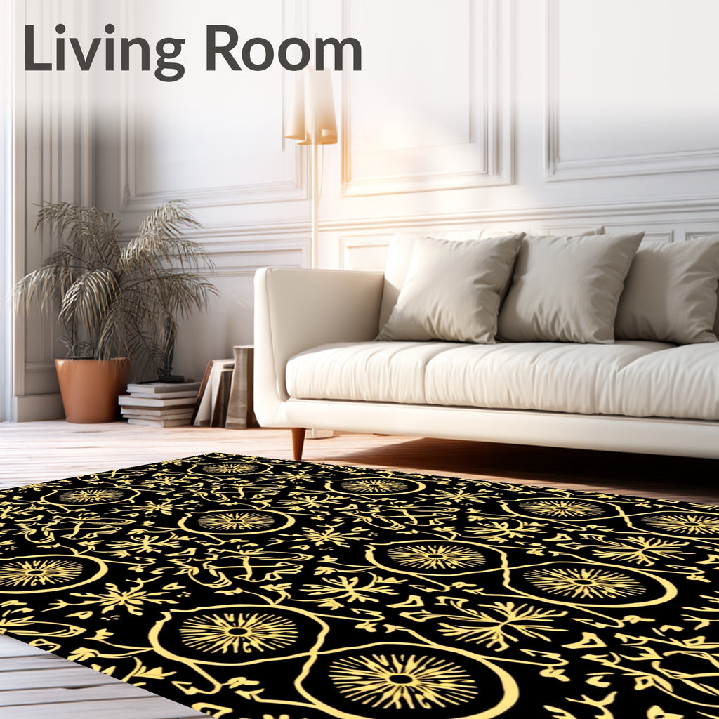 Golden Black Floral Medallion Symmetry Rug