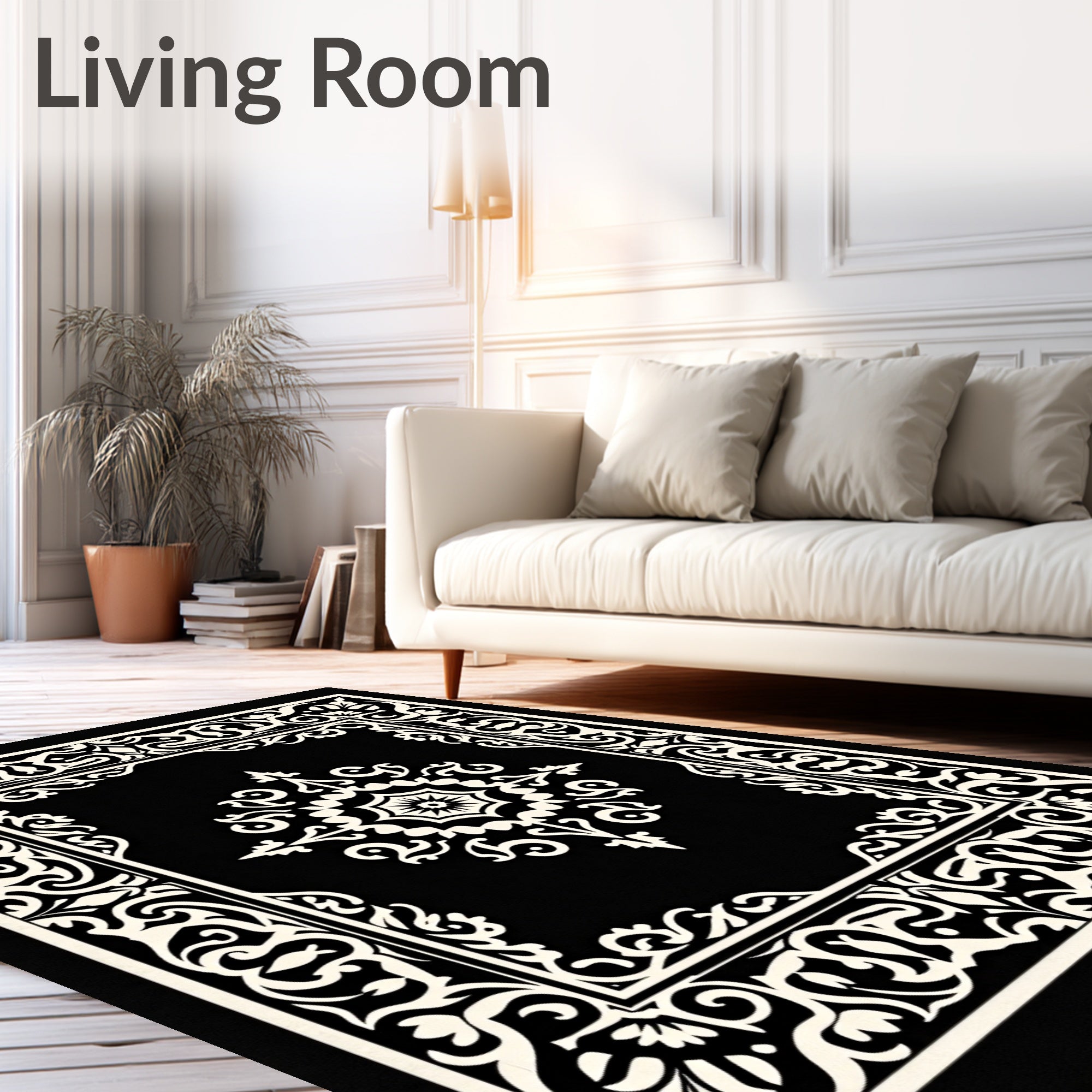 Classic Black White Floral Pattern Rug