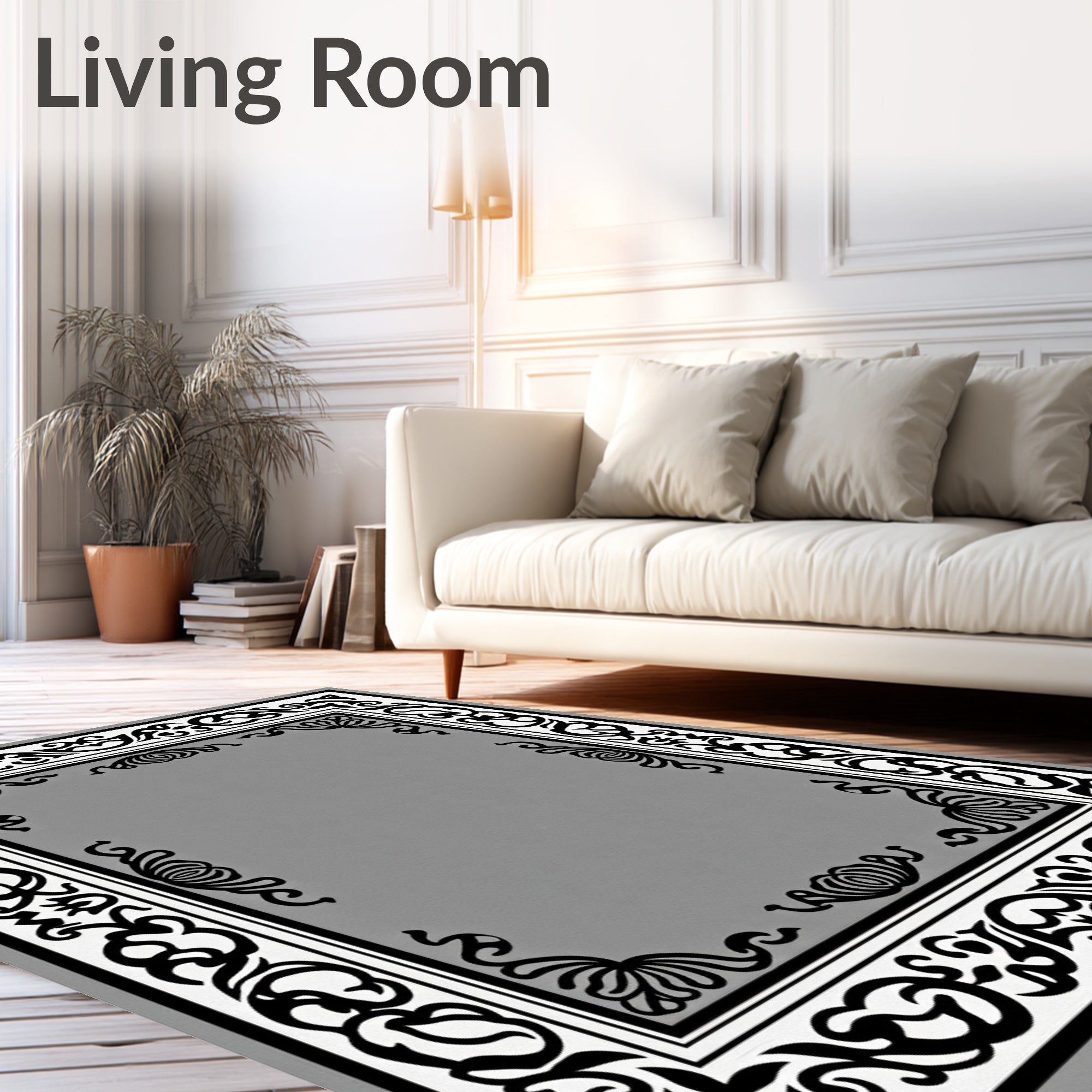 Ornate Floral Scroll Work Border Rug