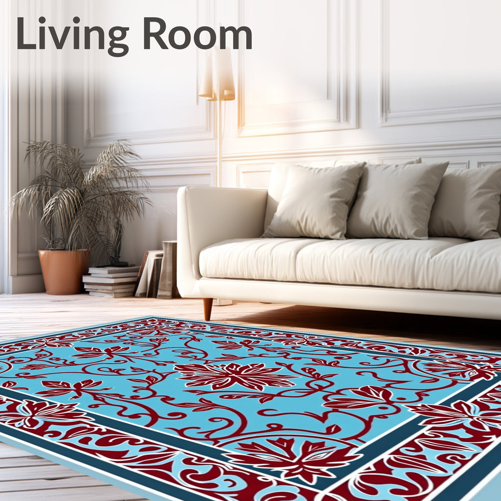Crimson Floral Vines On Sky Blue Rug