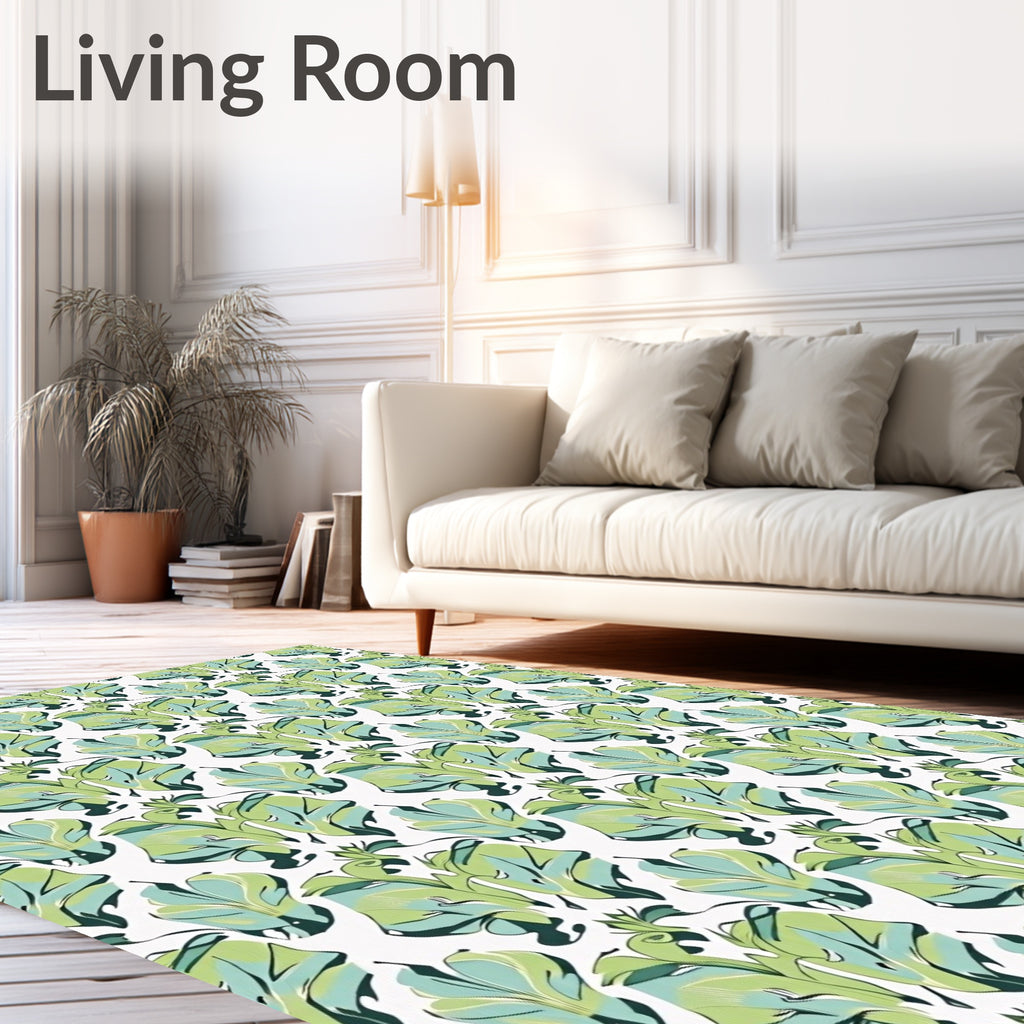 Tropical Leaf Patterned Green and Aqua Rug