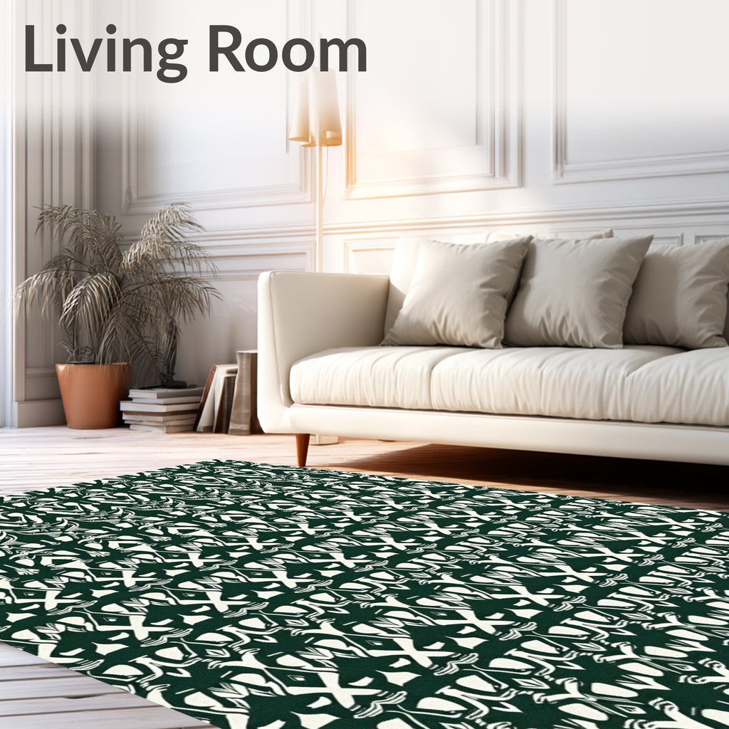 Dark Green White Symbolic Pattern Rug