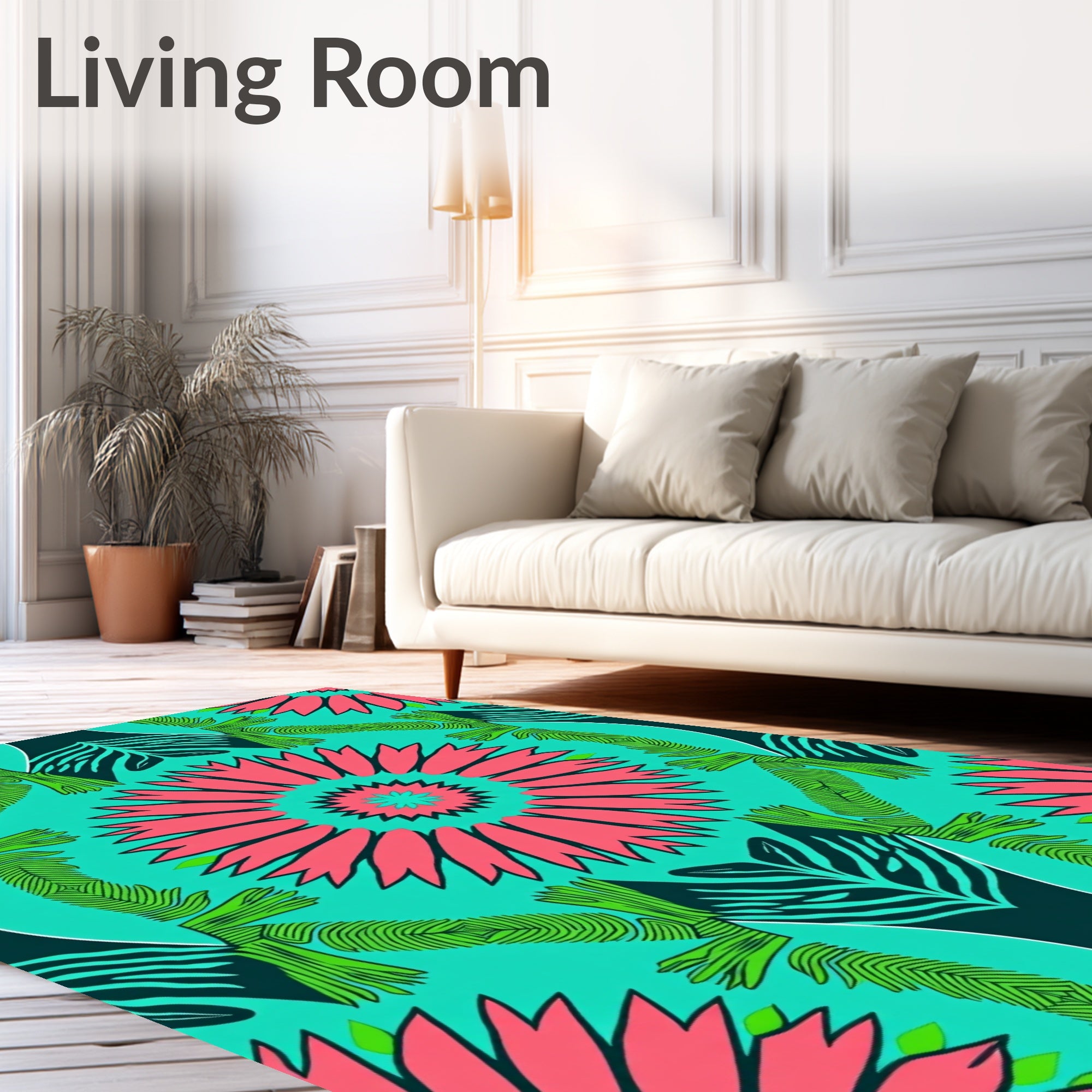 Vibrant Teal Floral Mandala Pattern Rug