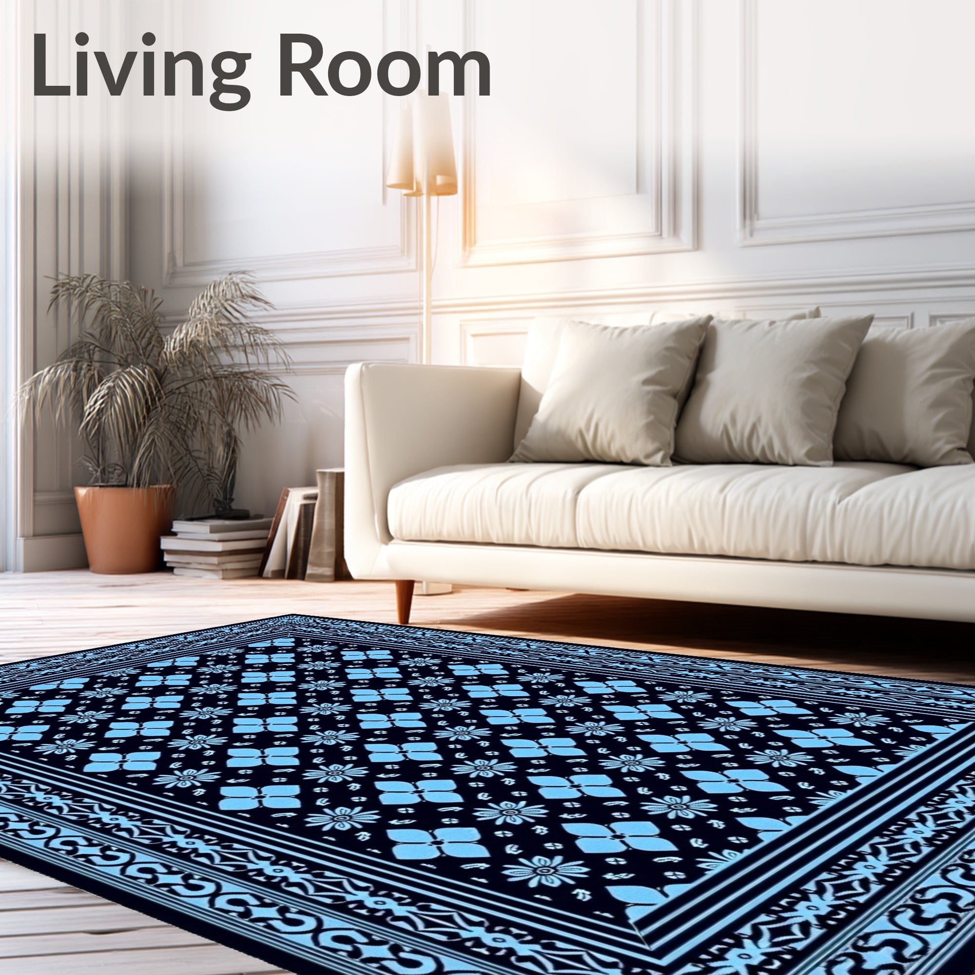 Classic Blue Floral Bordered Rug