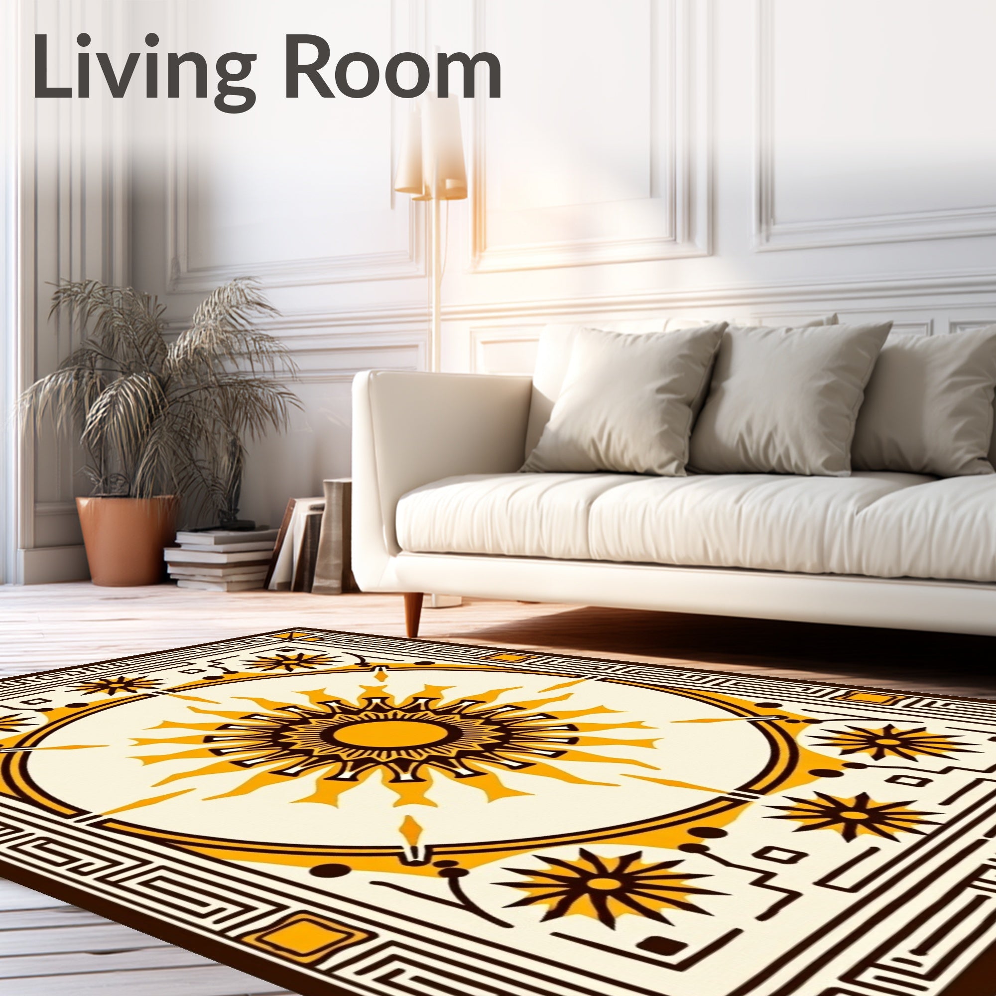 Golden Sunburst With Geometric Border Rug