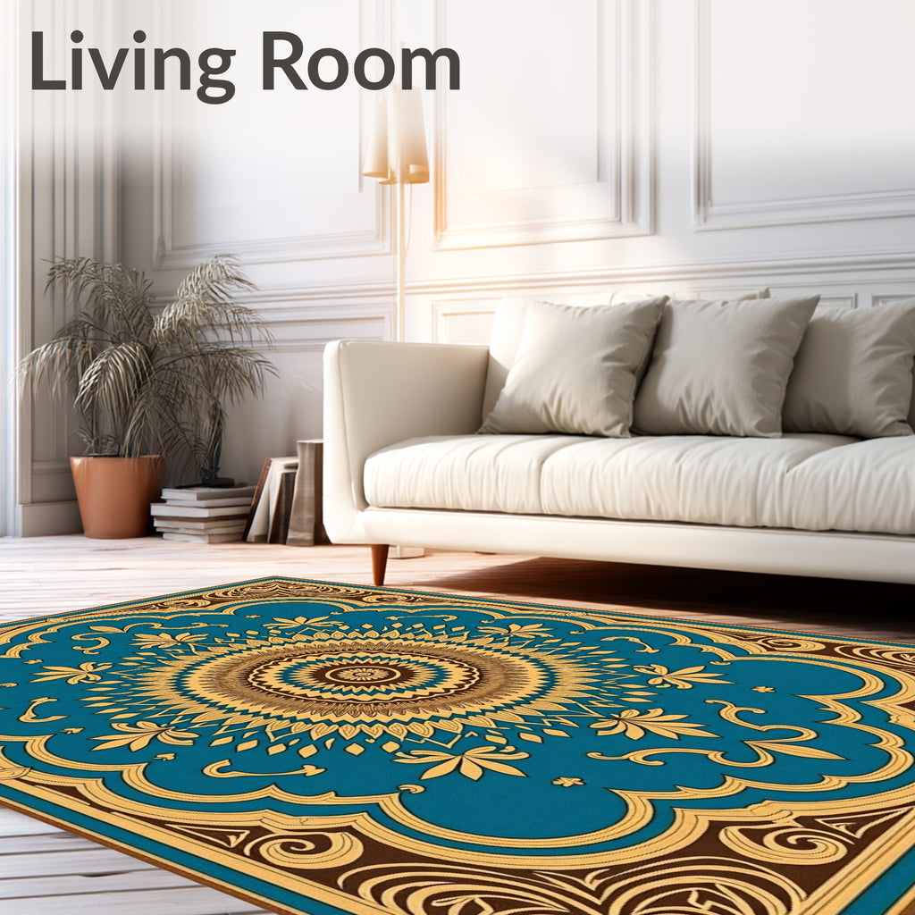 Ornate Teal Gold Mandala Rug