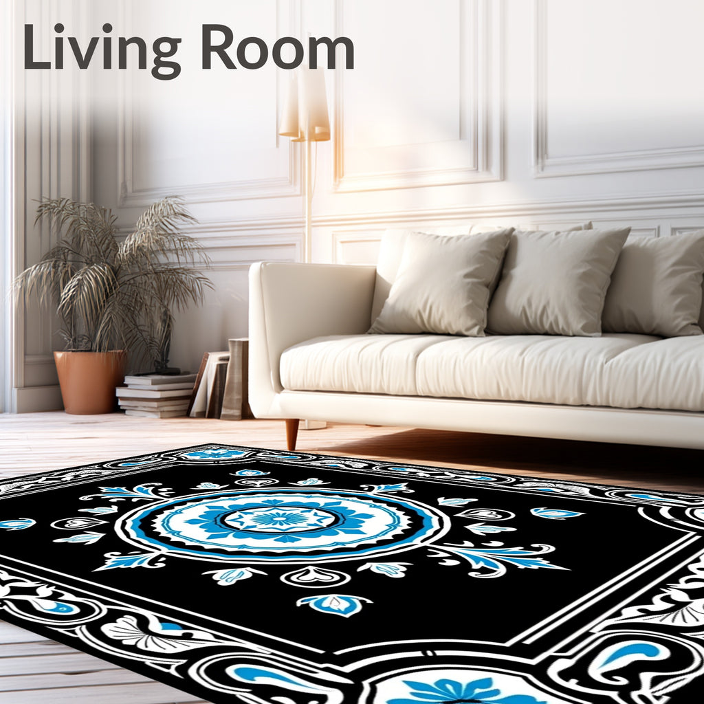 Black Blue Floral Mandala Pattern Rug