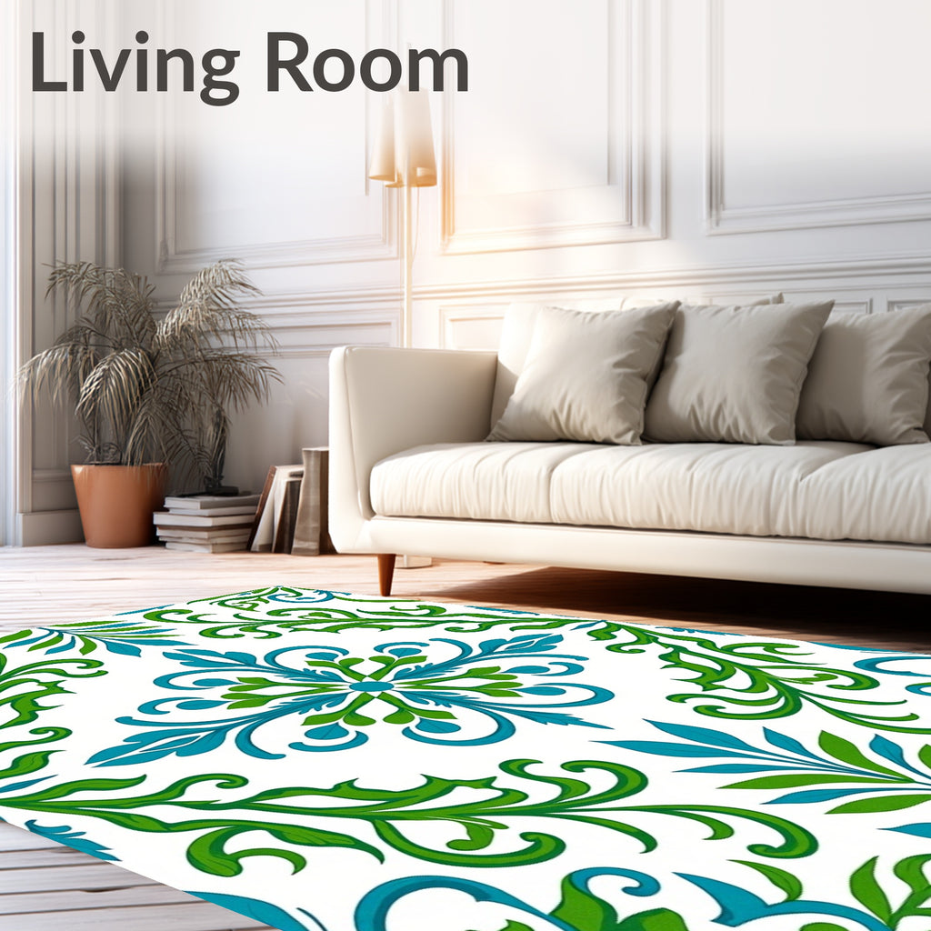 Green Blue Floral Swirl Pattern Rug