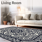 Classic Black White Floral Medallion Design Rug