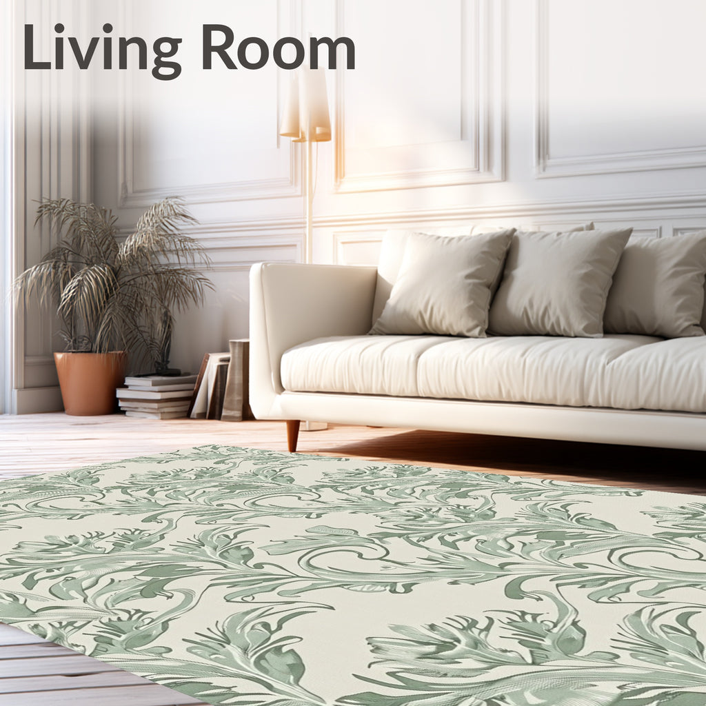 Vintage Green Floral Scroll Pattern Rug